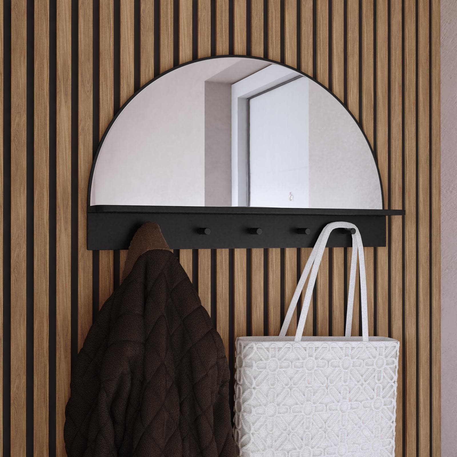 Specchio da parete 76x45h cm nero con mensola e ganci - Blatis
