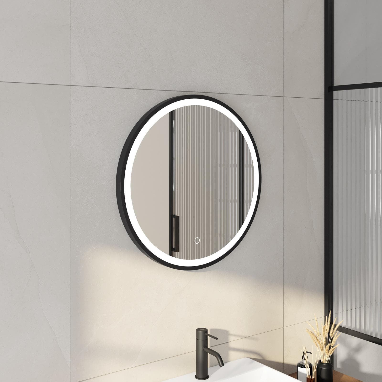 Specchio led Ø 60 cm cornice nera e accensione touch - Atego