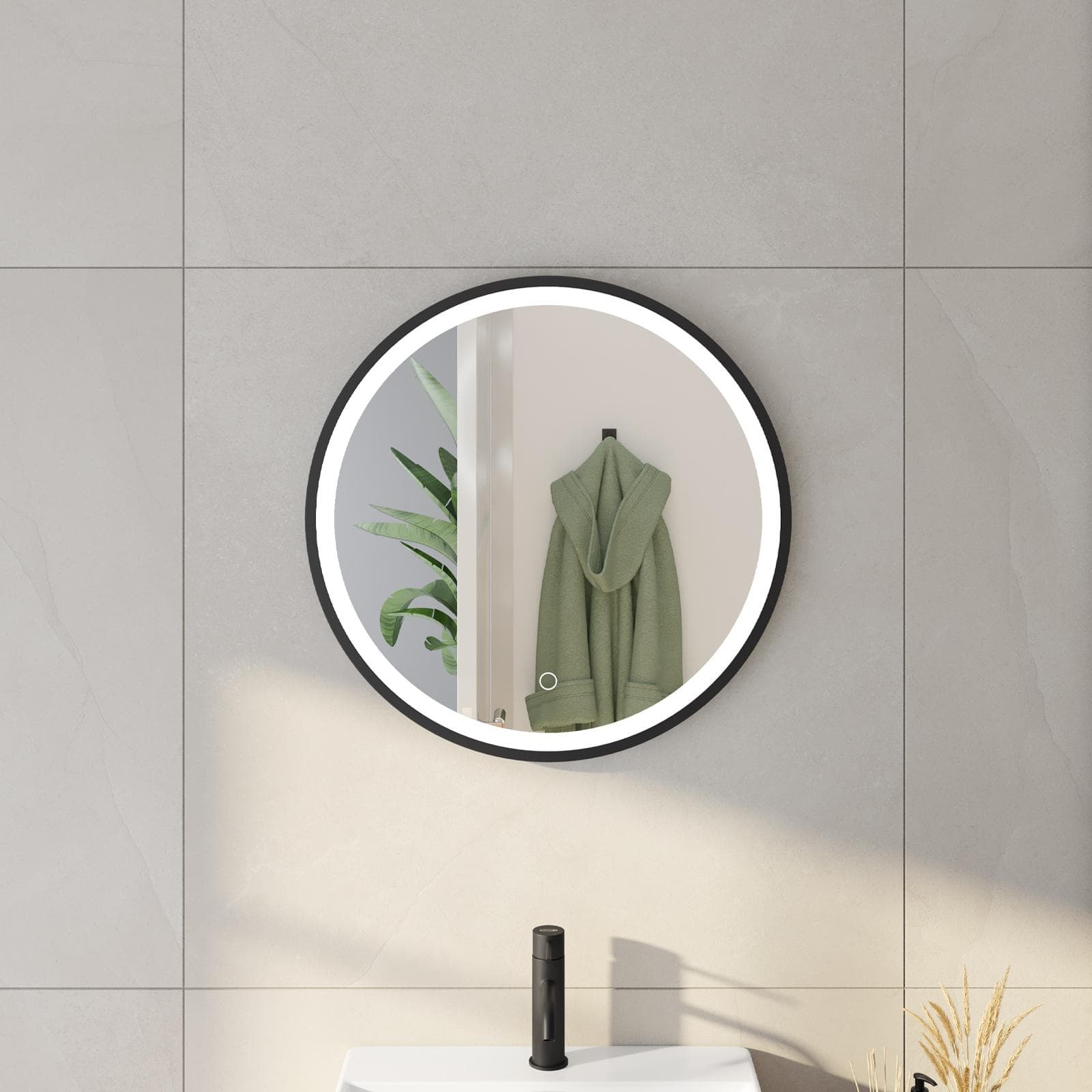 Specchio led Ø 60 cm cornice nera e accensione touch - Atego
