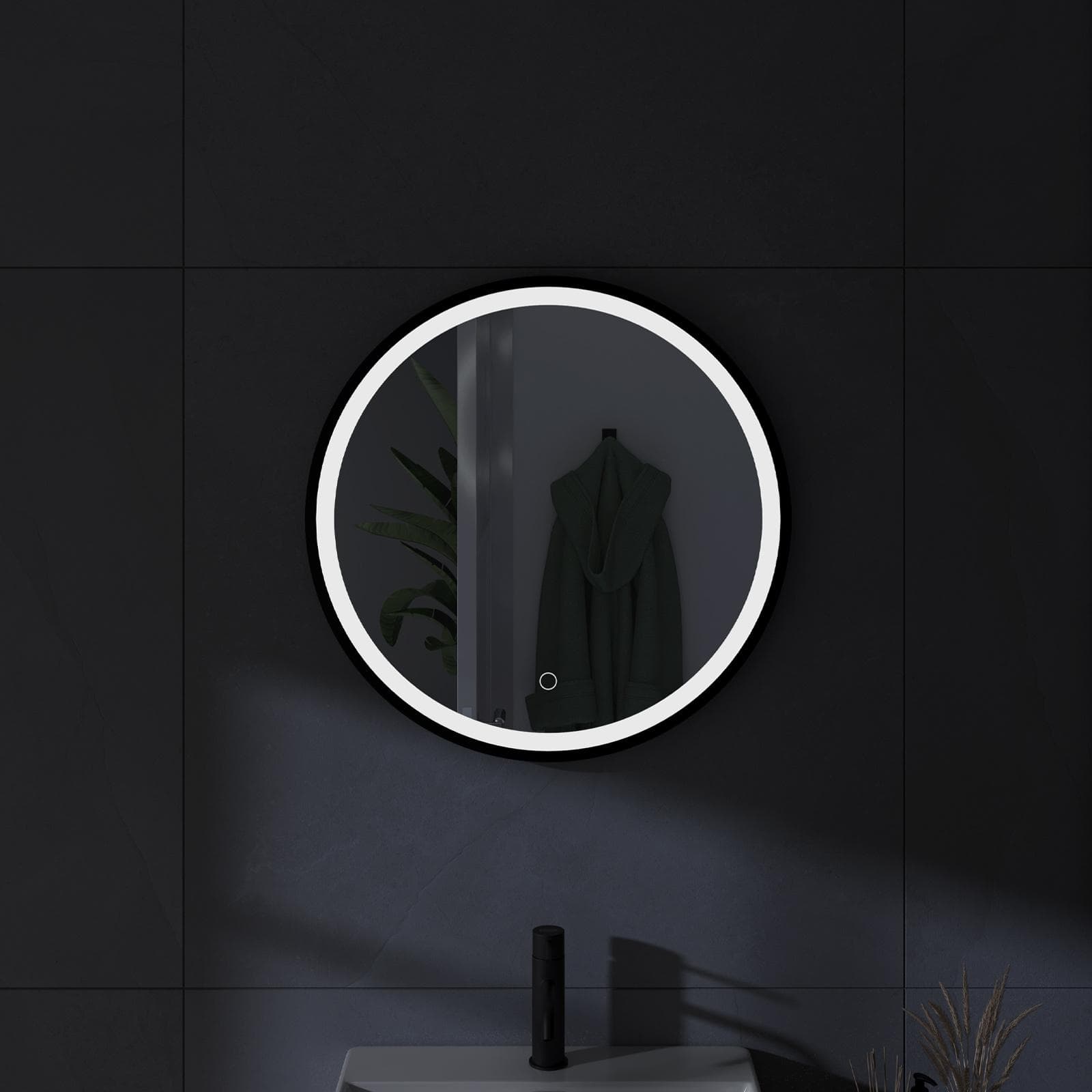 Specchio led Ø 60 cm cornice nera e accensione touch - Atego