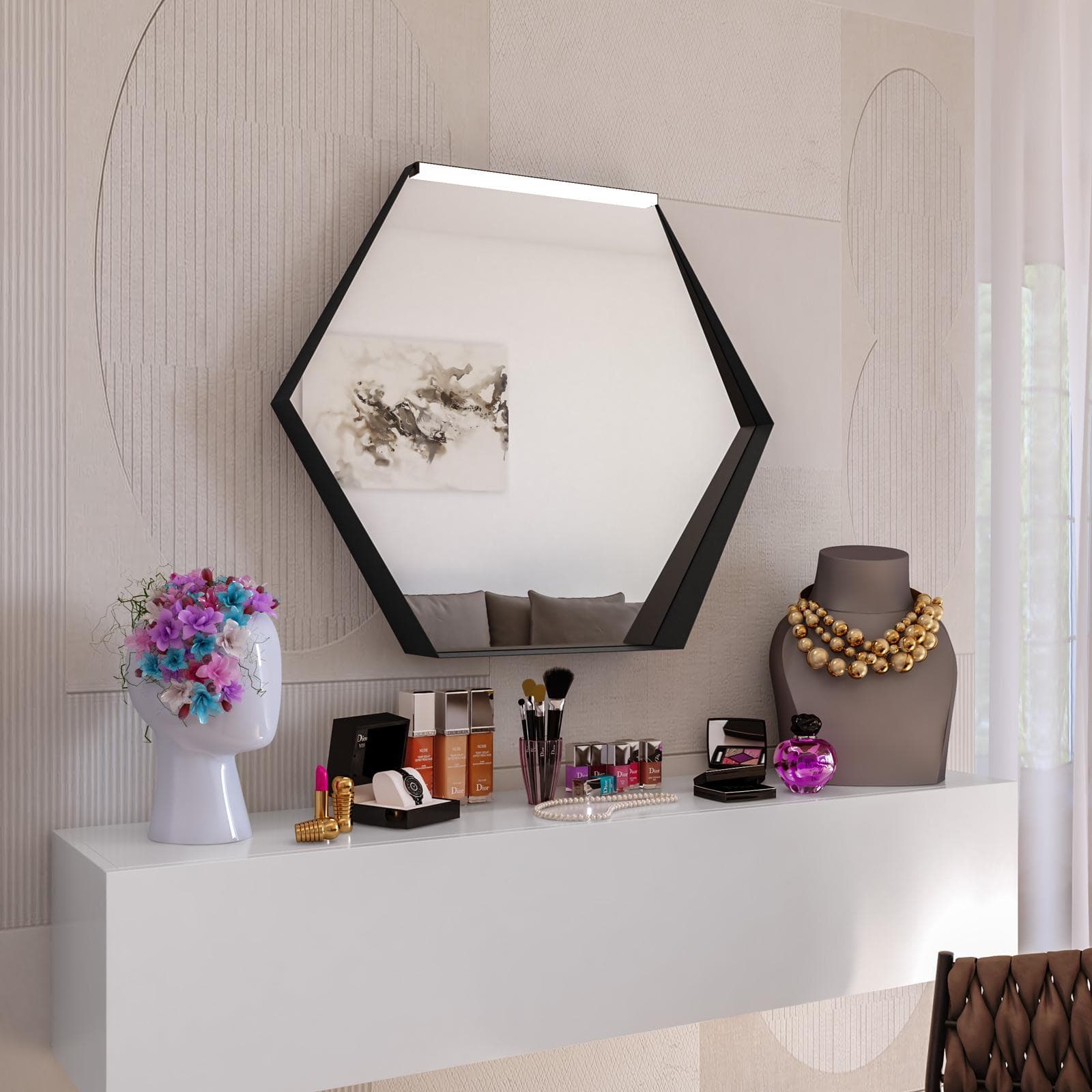 Specchio led da interno esagonale 80x70cm con cornice nera opaca e mensola - Apis