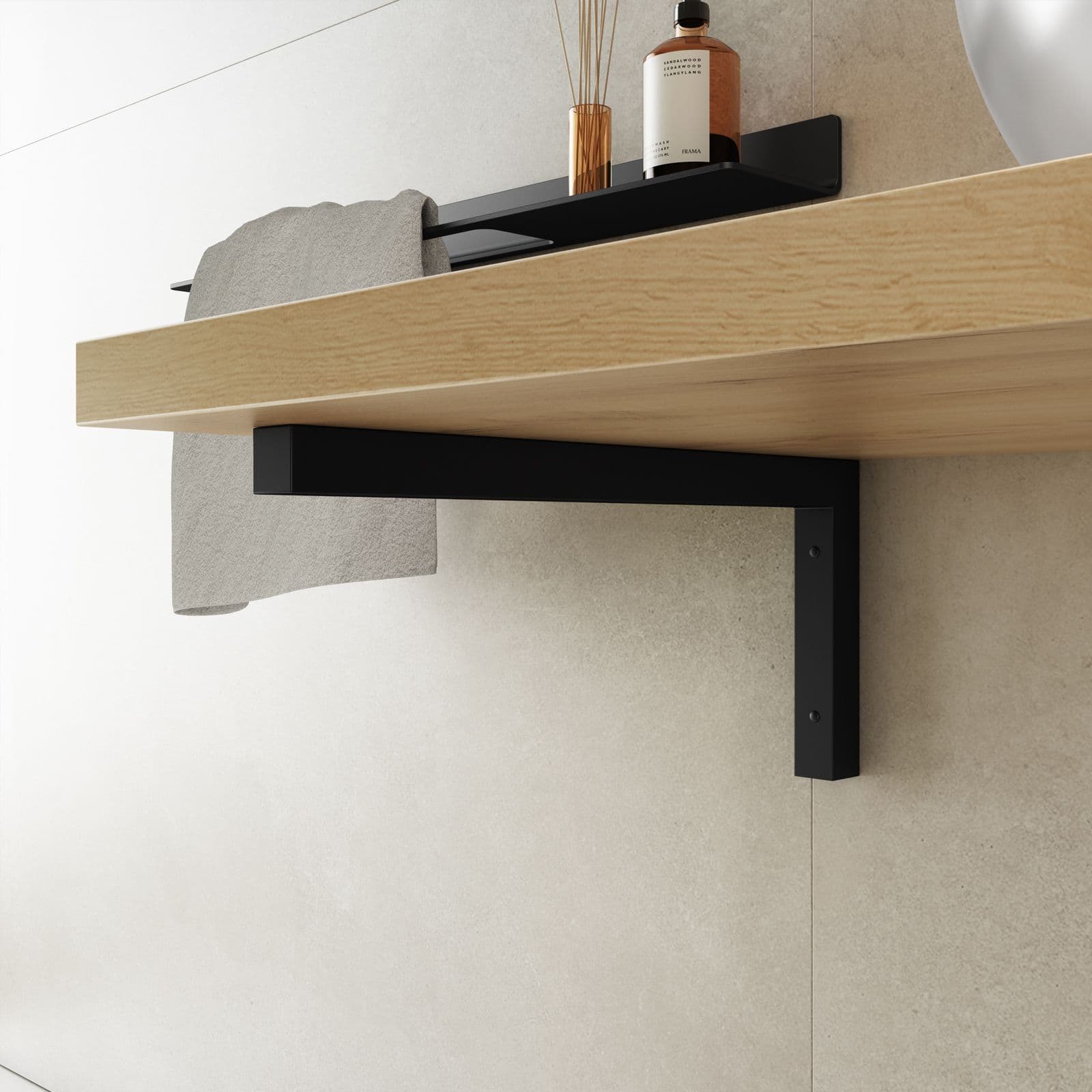 Staffa a L 44x20 h cm in metallo nero opaco per mensoloni bagno sospesi
