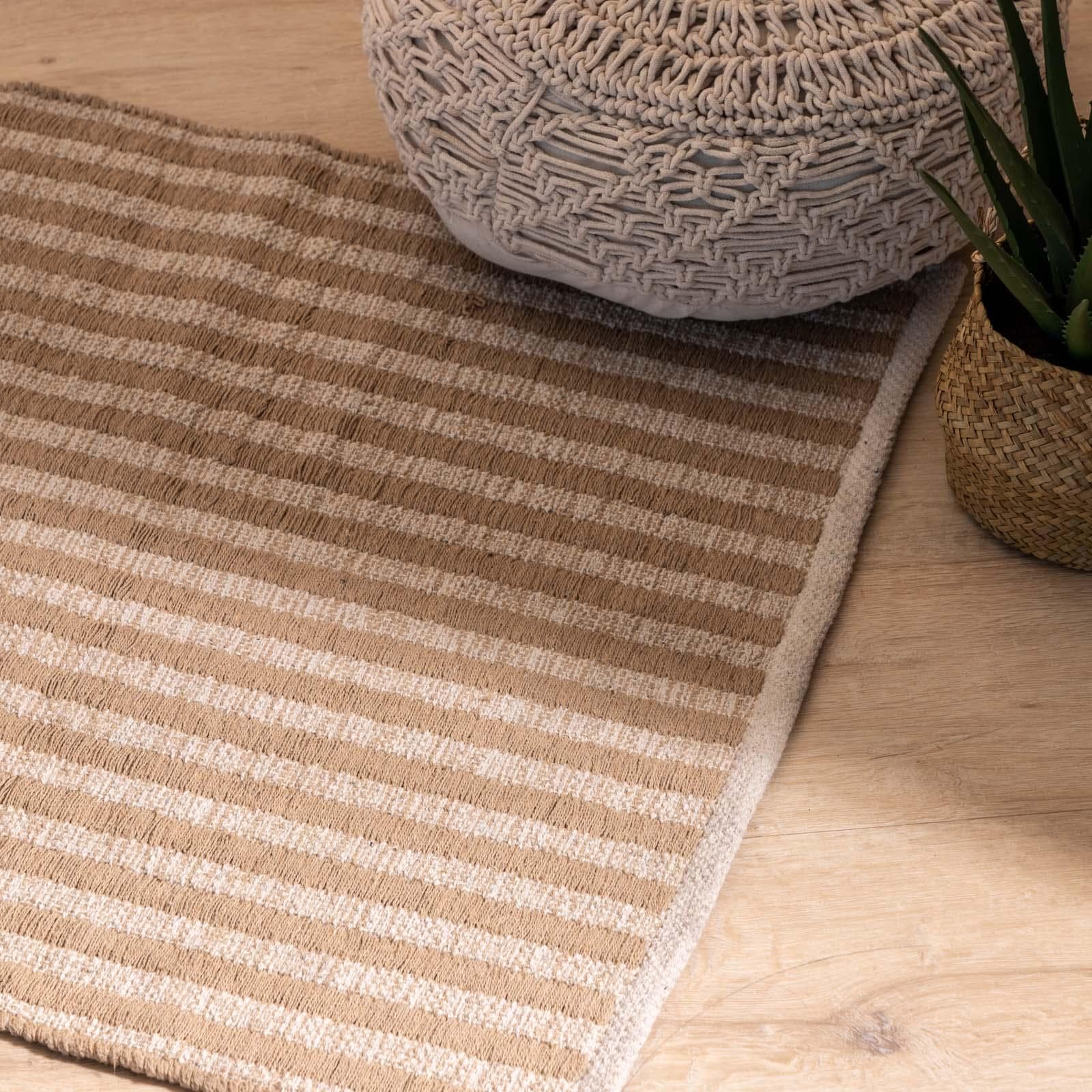 Tappeto 140x70 cm fantasia a righe in cotone naturale e marrone
