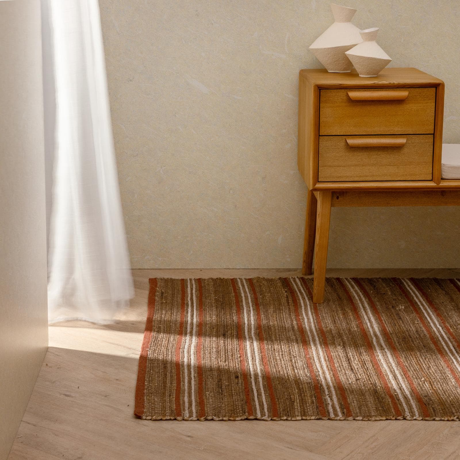 Tappeto 170x120 cm in cotone e juta naturale a righe color mattone