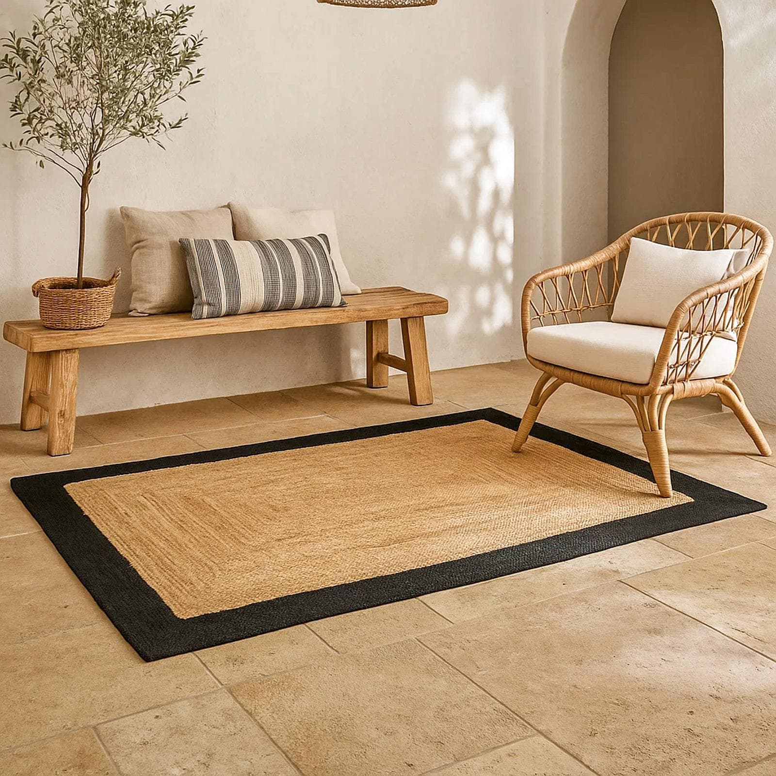 Tappeto da esterno o interno 170x120 cm in juta e cotone naturale con bordo nero