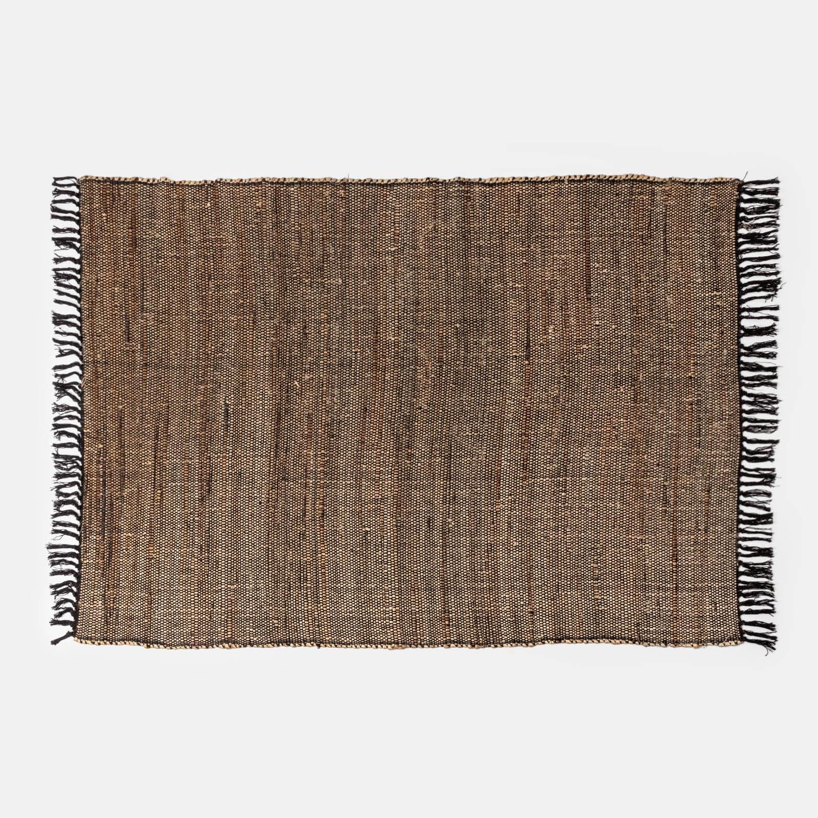 Tappeto 170x120 cm in juta e cotone naturale effetto intreccio con frange nere