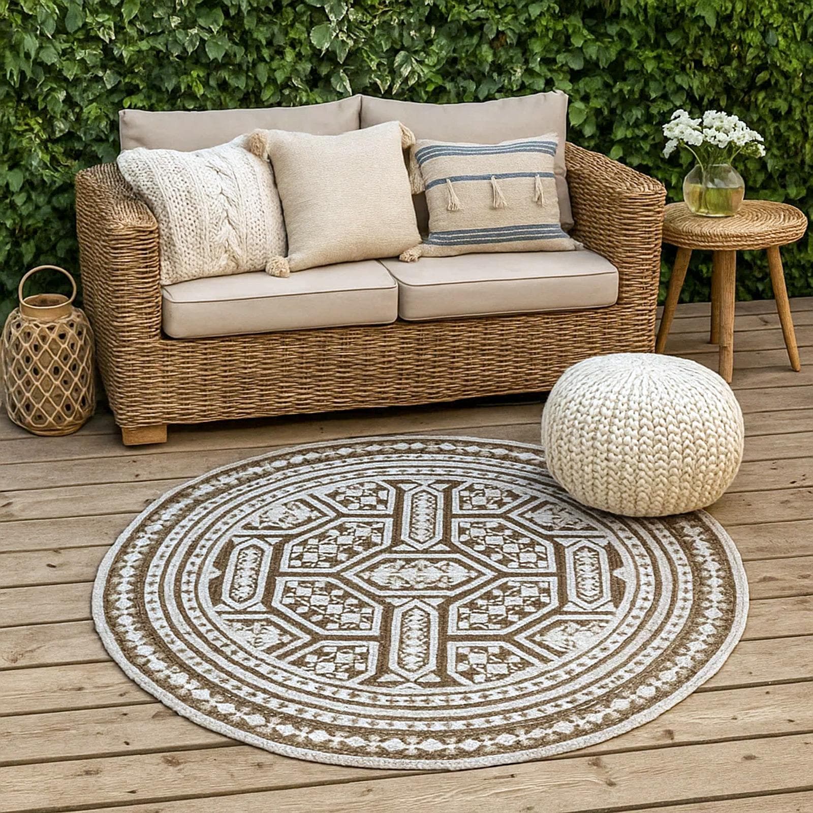 Tappeto da esterno o interno rotondo 120 cm in juta naturale con pattern bianco