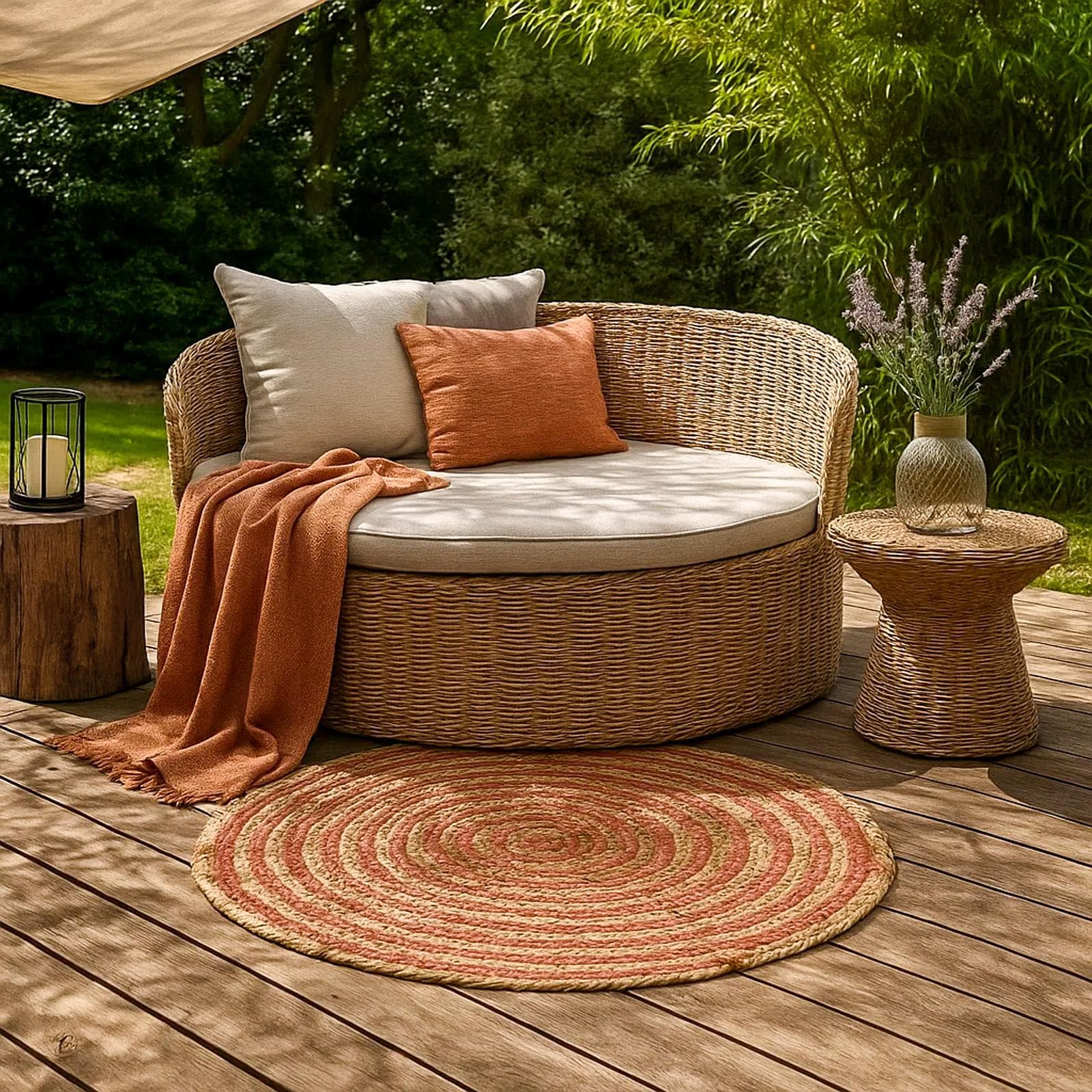Tappeto da esterno o interno rotondo 150 cm in cotone e juta con motivo a spirale color pesca