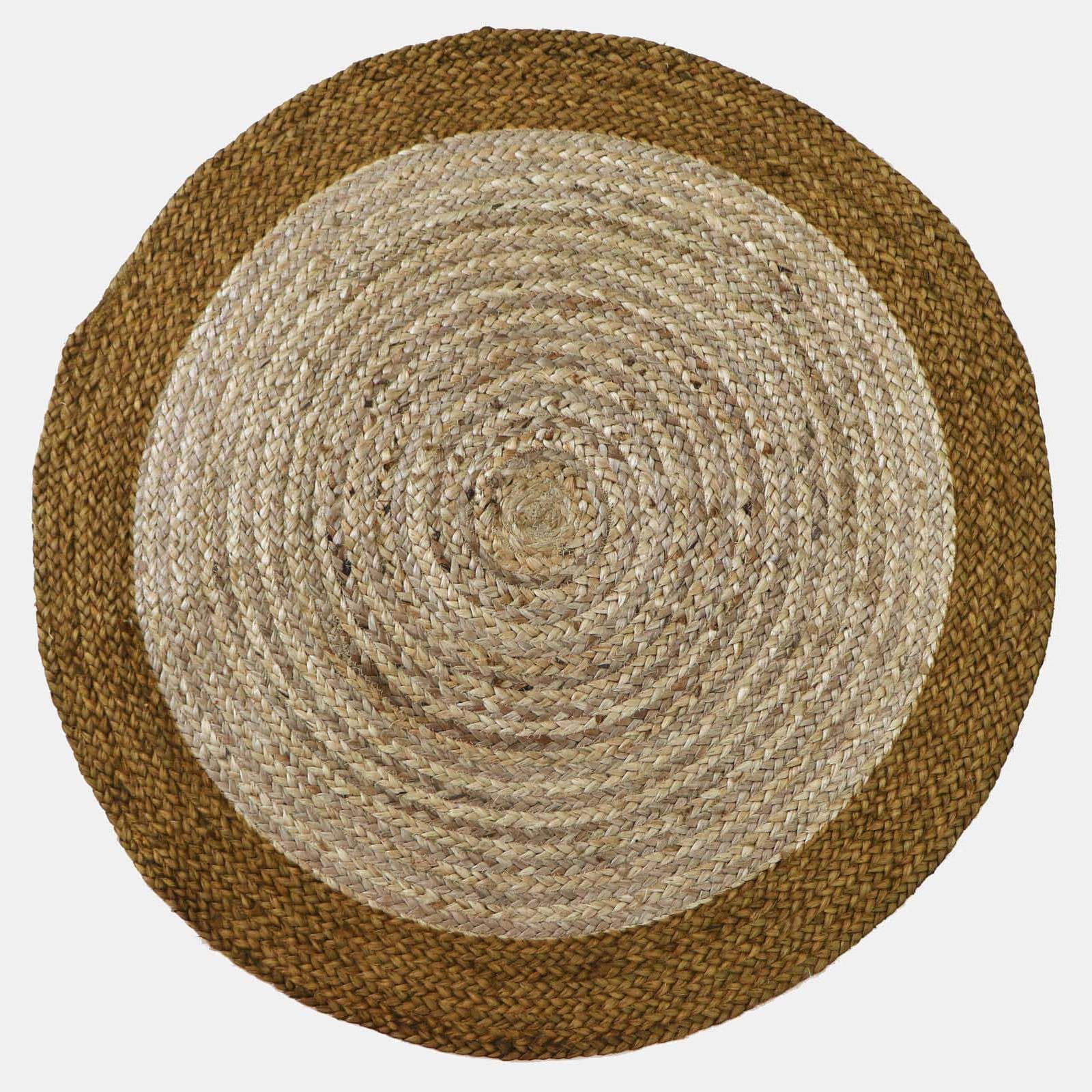 Tappeto da esterno o interno rotondo 150 cm in cotone e juta naturale con bordo senape