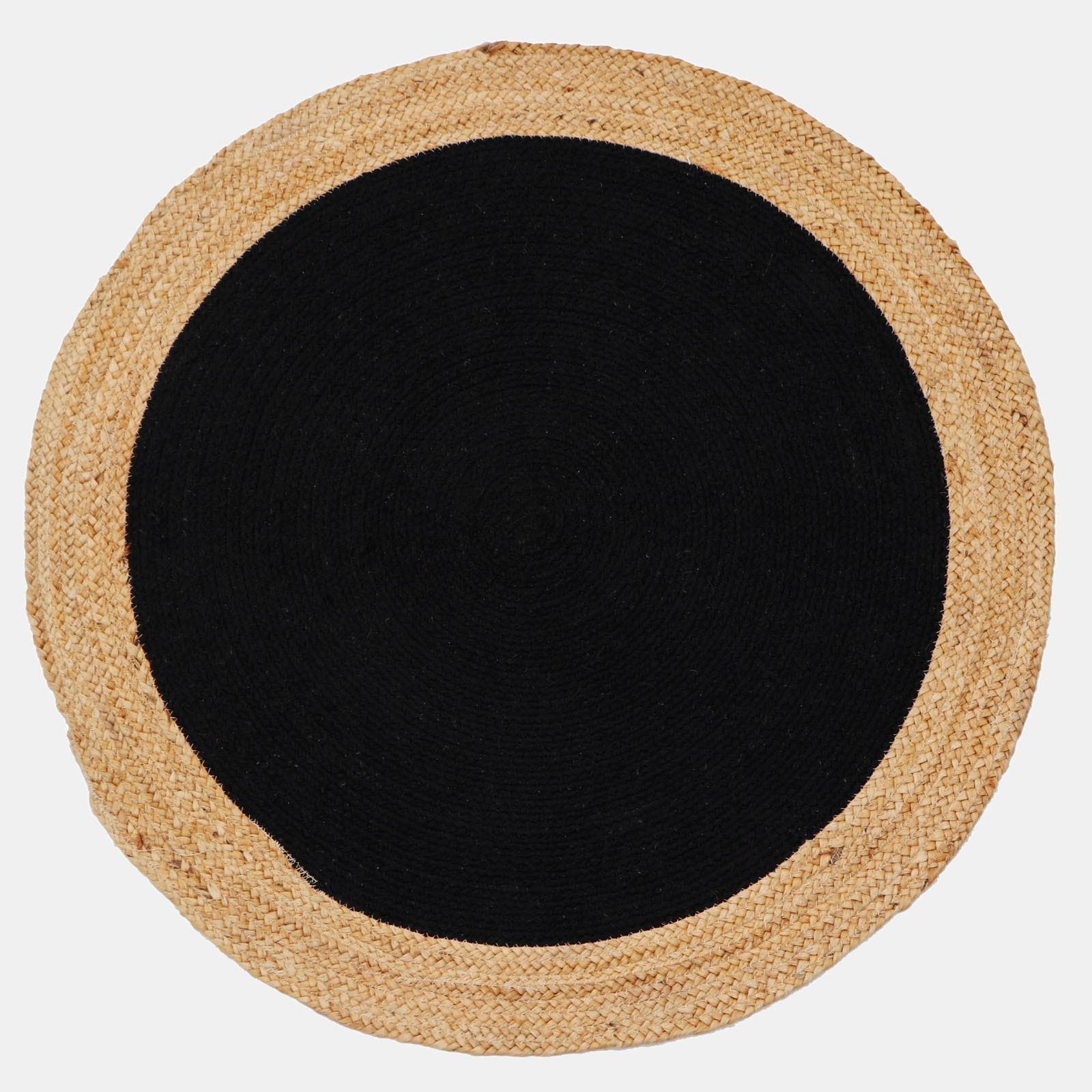 Tappeto da esterno o interno rotondo 150 cm in cotone nero con bordi in juta