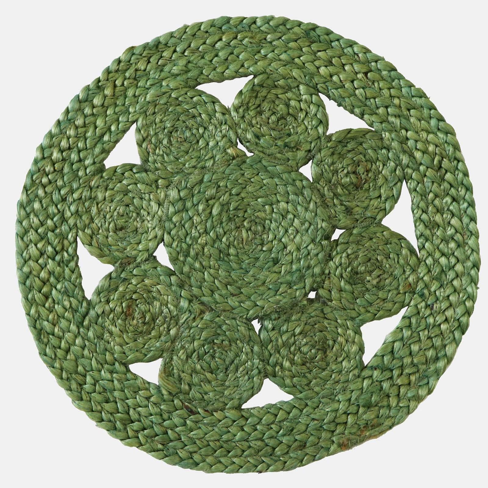 Tappeto da esterno o interno rotondo 150 cm con fiore in juta verde