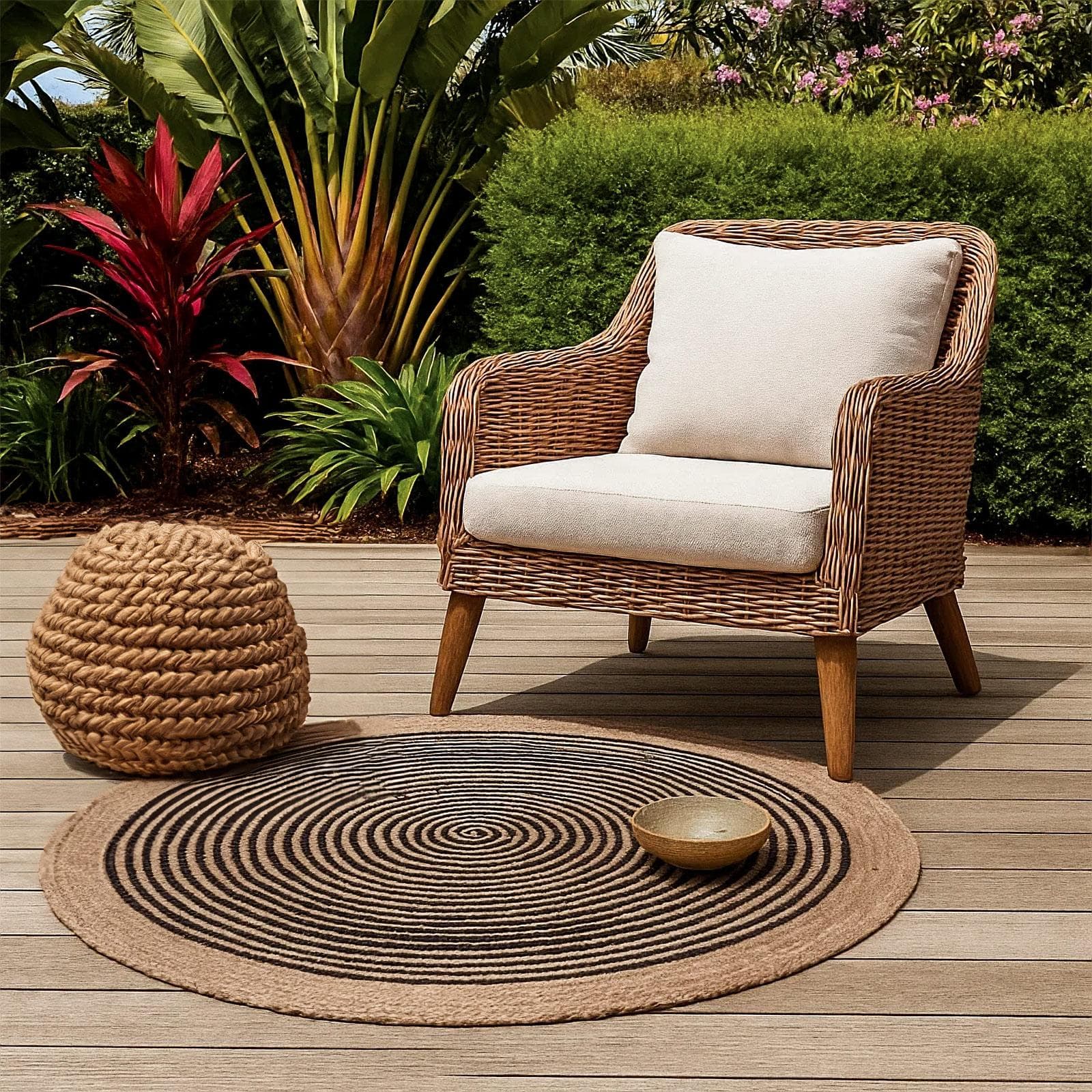 Tappeto da interno rotondo 120 cm in fibre di juta e cotone nero stile naturale