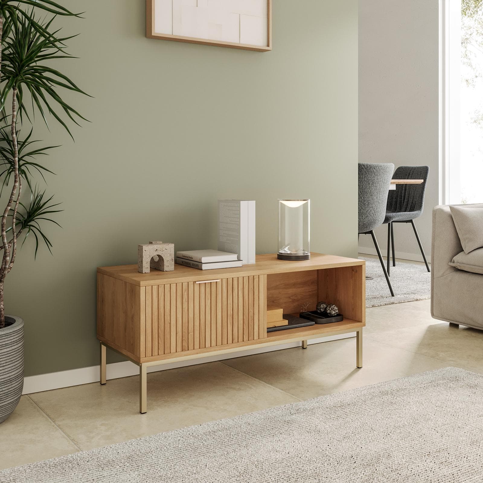 Tavolino 100x40h cm in legno naturale e cannettato con struttura in acciaio champagne - Kloser