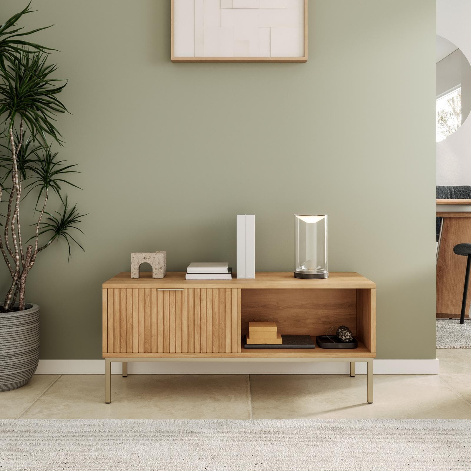 Tavolino 100x40h cm in legno naturale e cannettato con struttura in acciaio champagne - Kloser