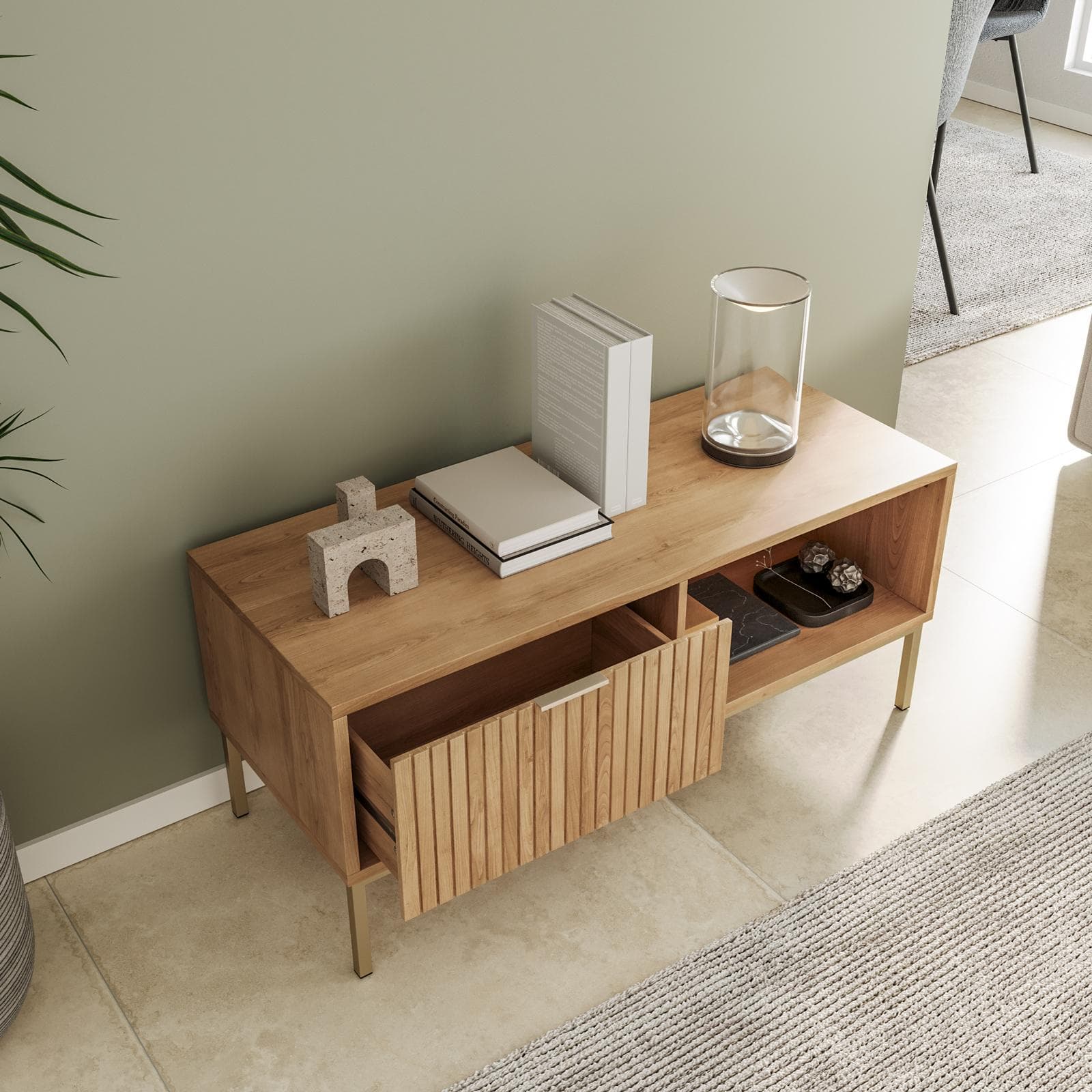Tavolino 100x40h cm in legno naturale e cannettato con struttura in acciaio champagne - Kloser