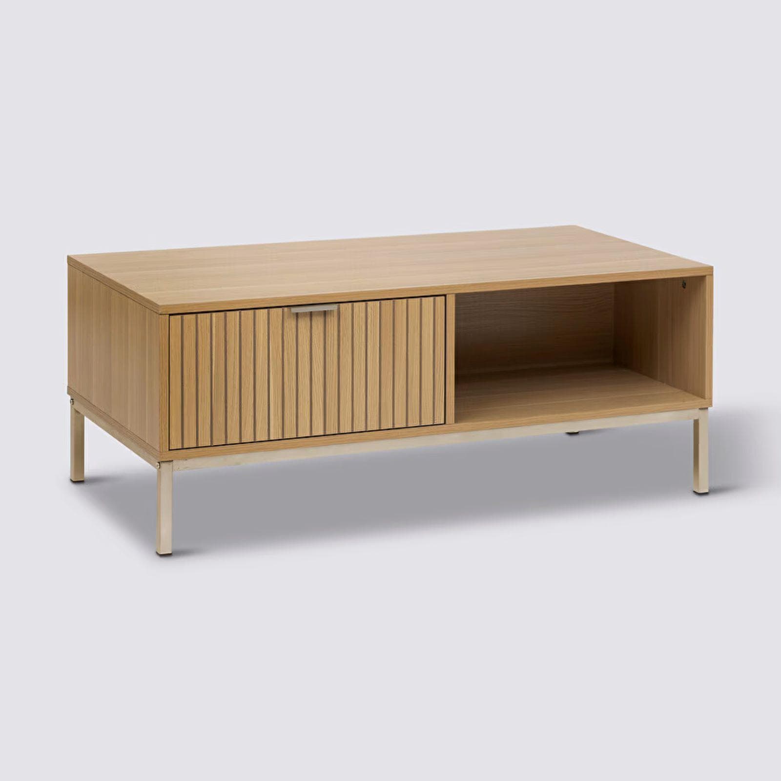 Tavolino 100x40h cm in legno naturale e cannettato con struttura in acciaio champagne - Kloser