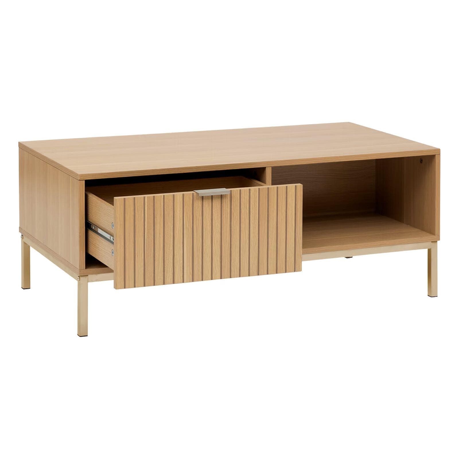 Tavolino 100x40h cm in legno naturale e cannettato con struttura in acciaio champagne - Kloser