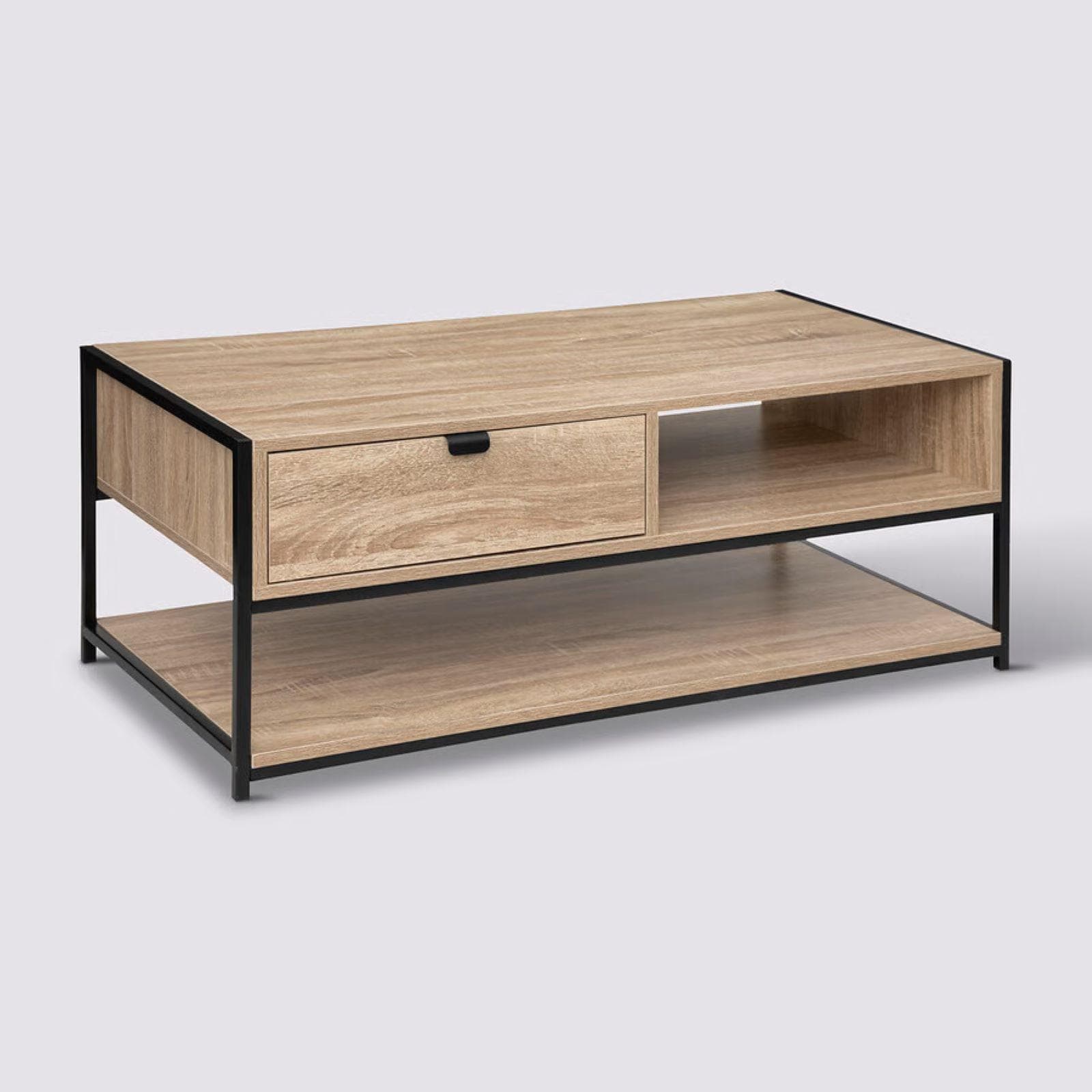 Tavolino contenitore 100x50h cm effetto rovere e acciaio nero con cassetto - Emyl