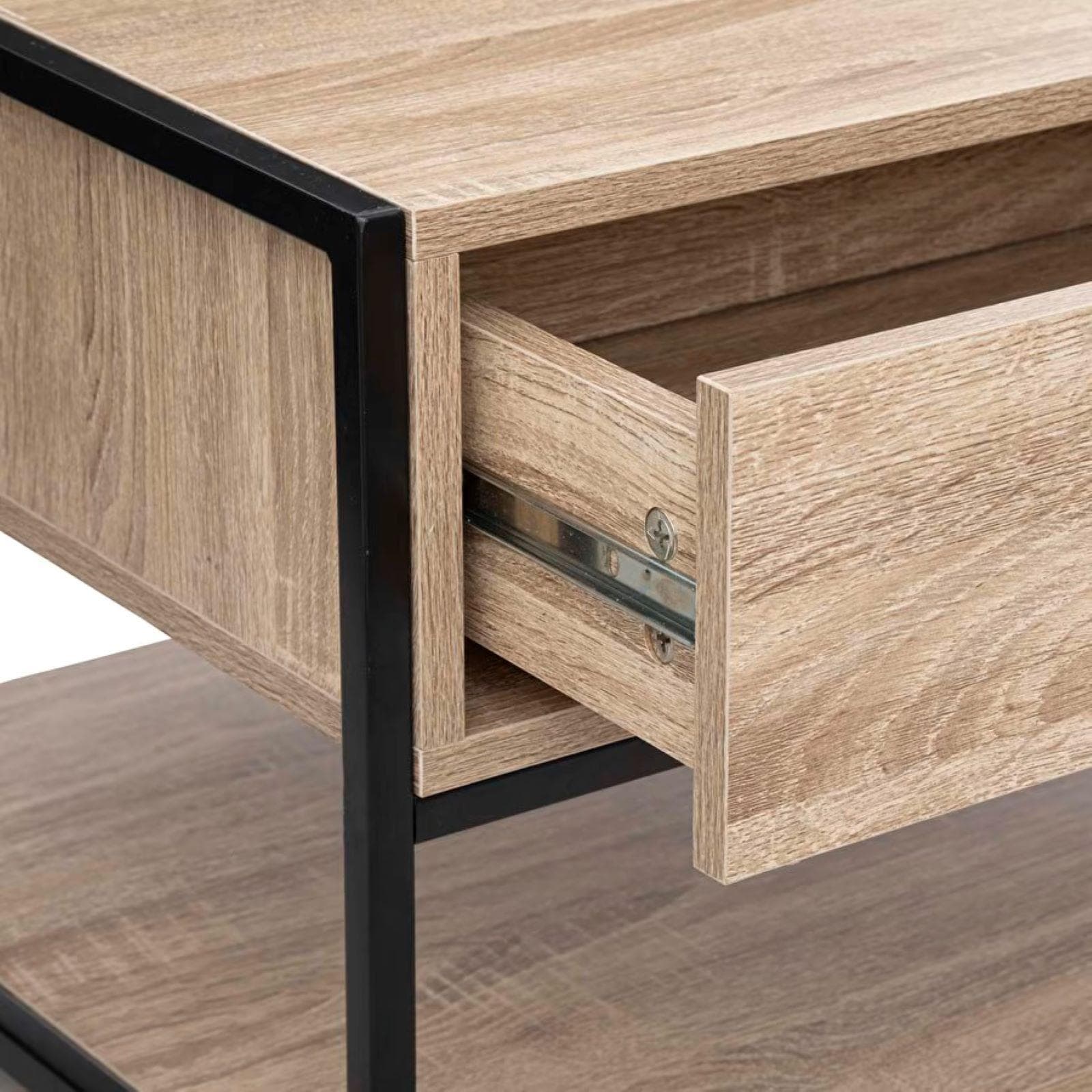 Tavolino contenitore 100x50h cm effetto rovere e acciaio nero con cassetto - Emyl