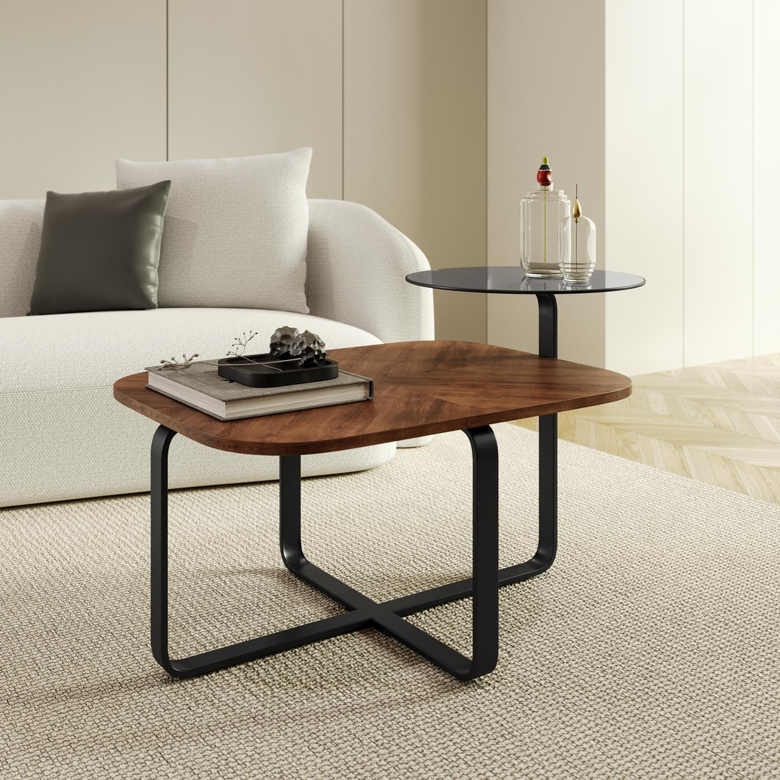 Tavolino 100x60 cm top rovere scuro e ripiano in vetro con gambe in metallo nero - Tlicro
