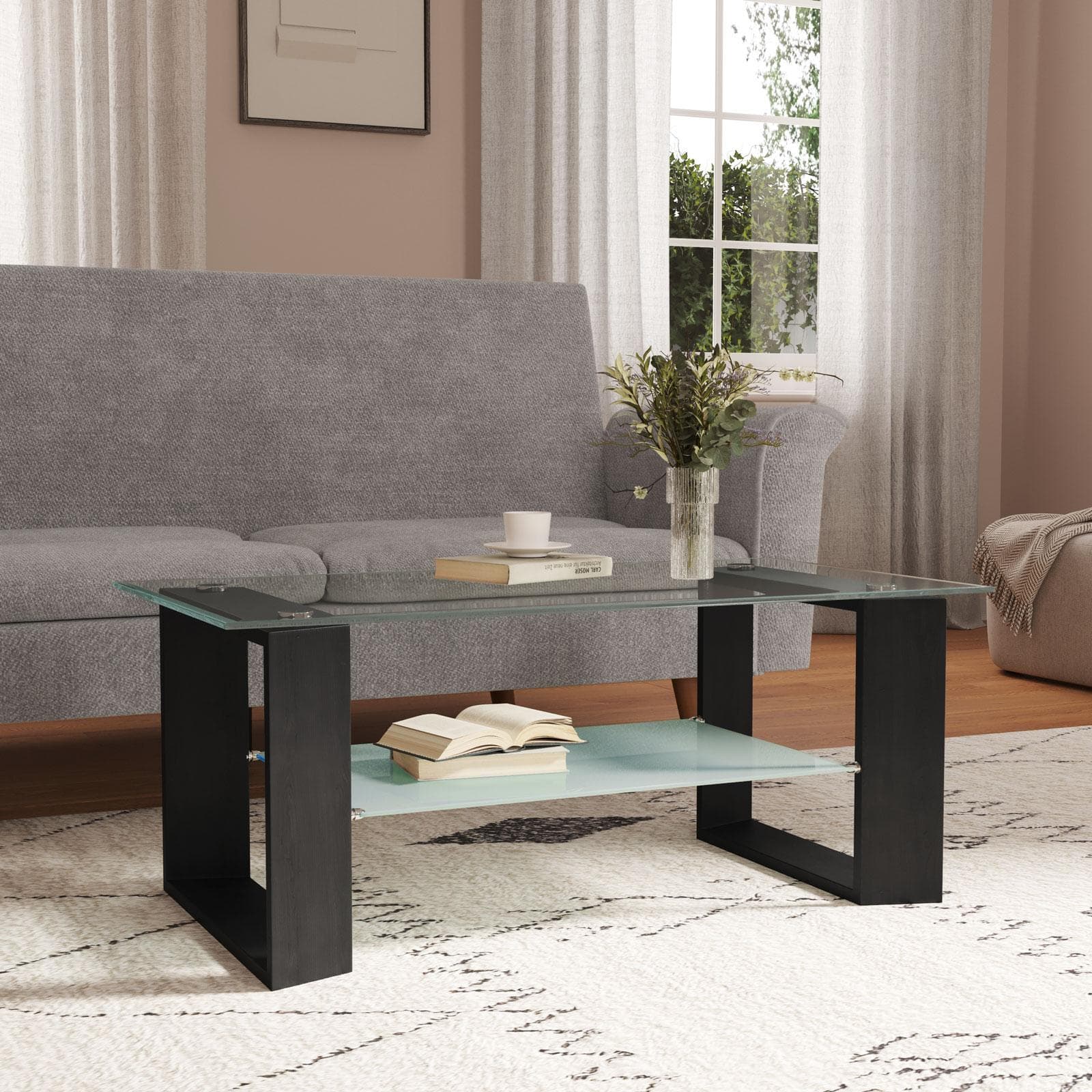 Tavolino 110x45h cm con top e ripiano in vetro e struttura effetto legno nero - Tipton