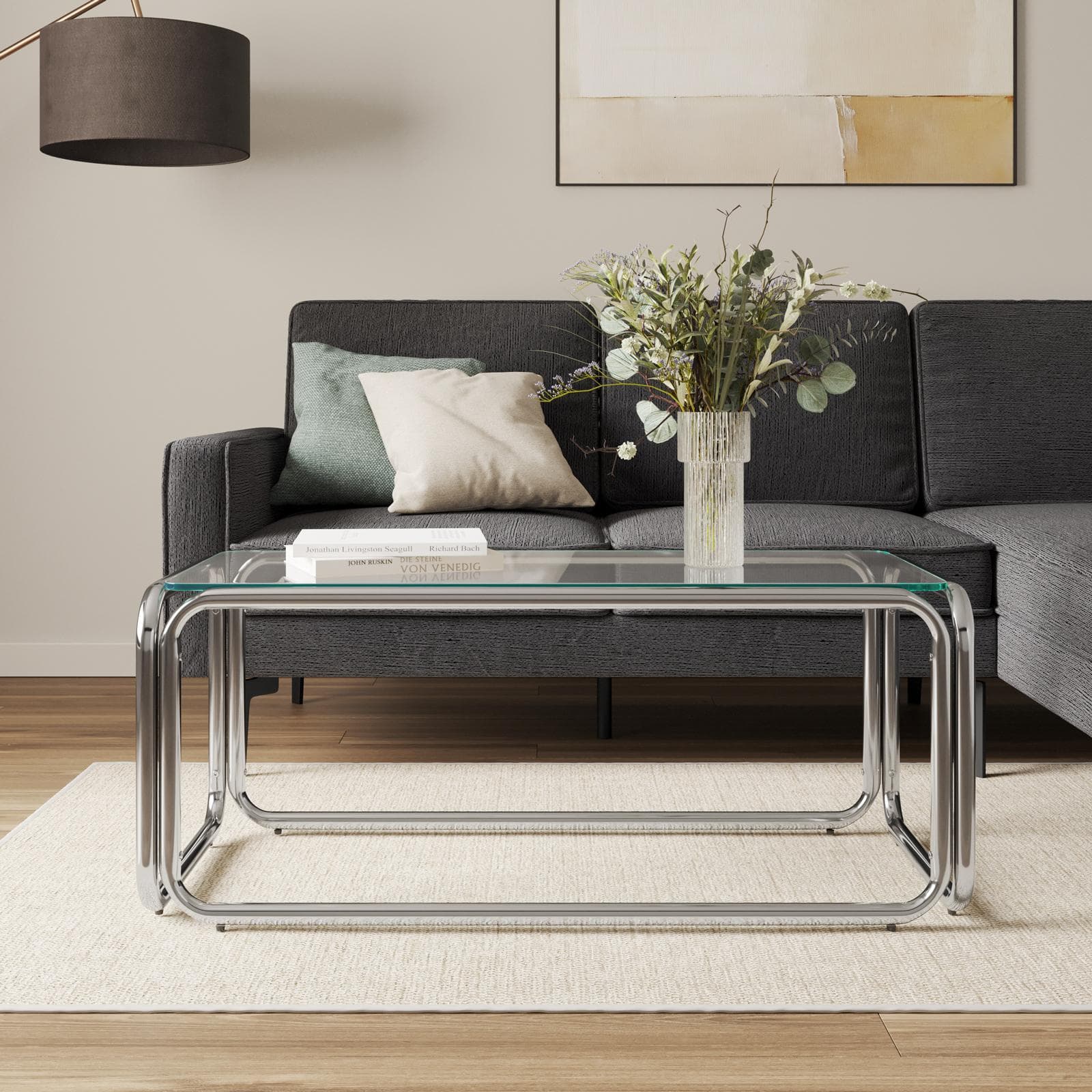 Tavolino 110x50 cm con top in vetro e struttura in metallo cromo - Brim