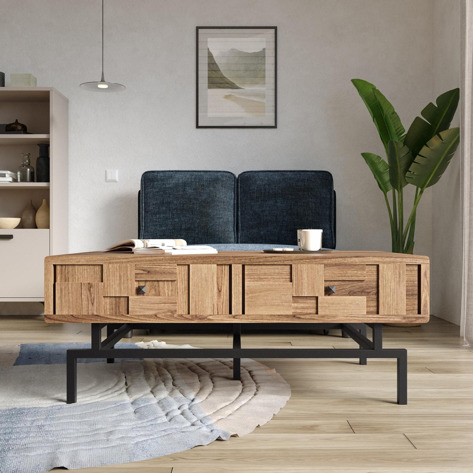 Tavolino 115x70 cm in legno di acacia con struttura in metallo nero e 2 cassetti - Baktu
