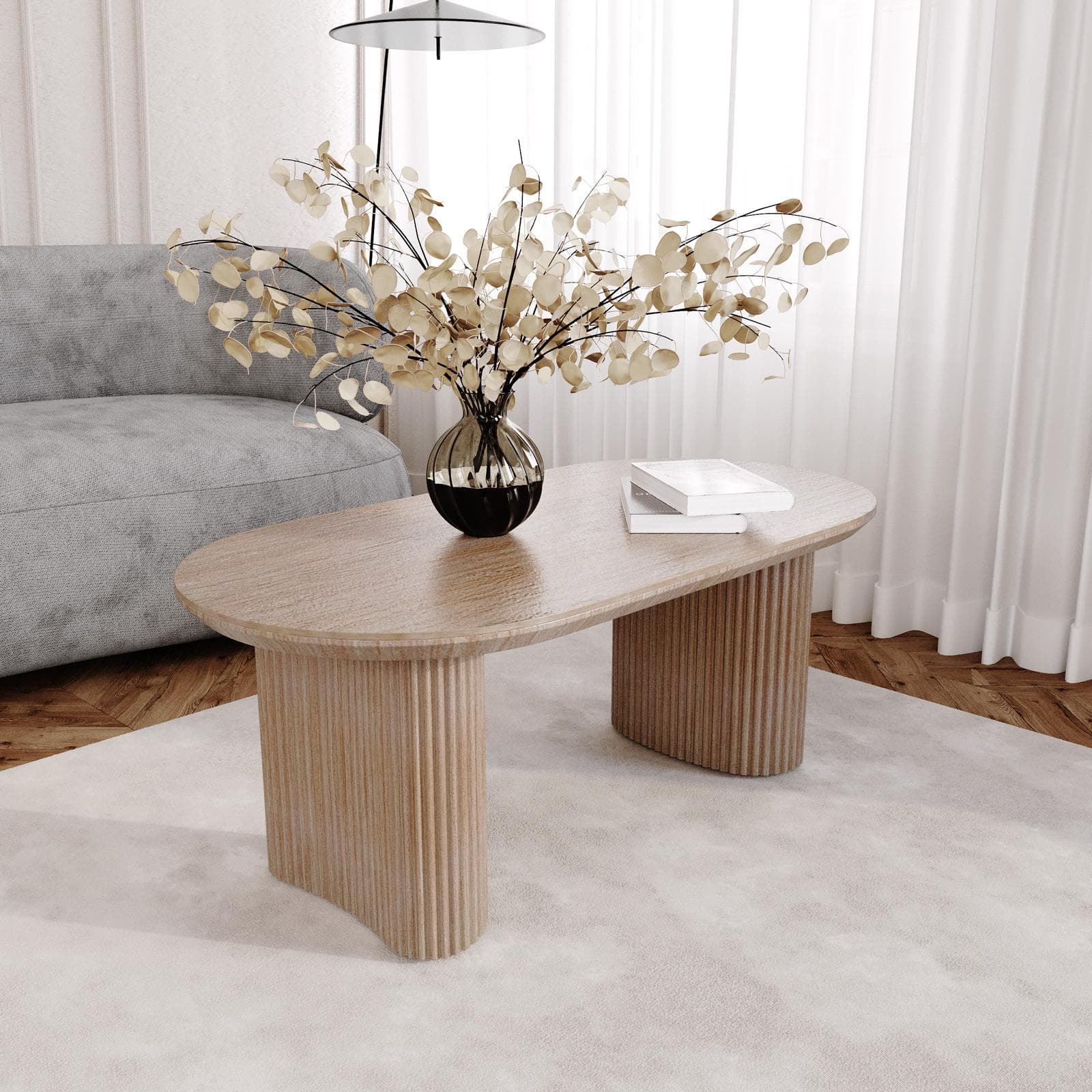 Tavolino 119x60 cm effetto travertino e gambe cannettate - Altum