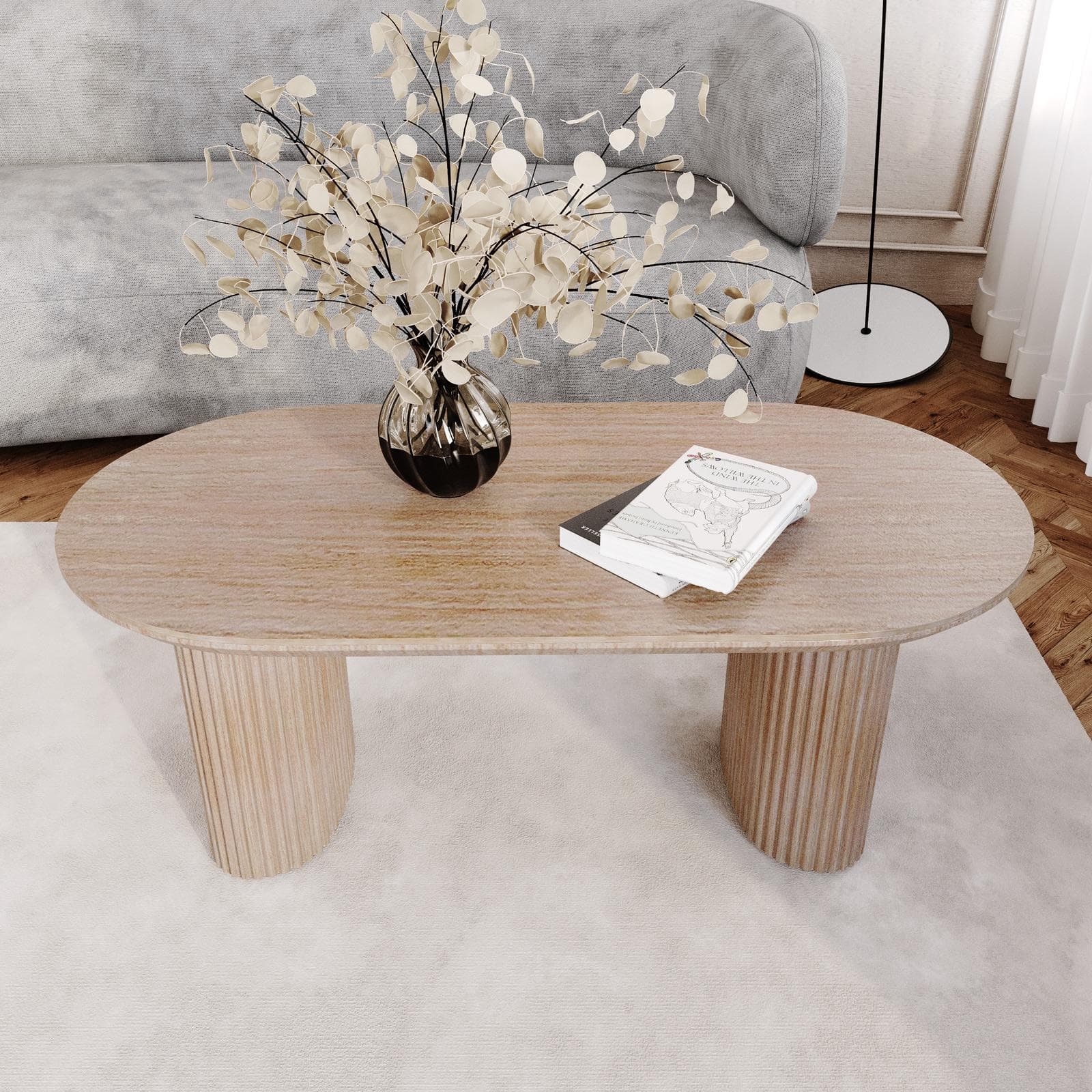 Tavolino 119x60 cm effetto travertino e gambe cannettate - Altum