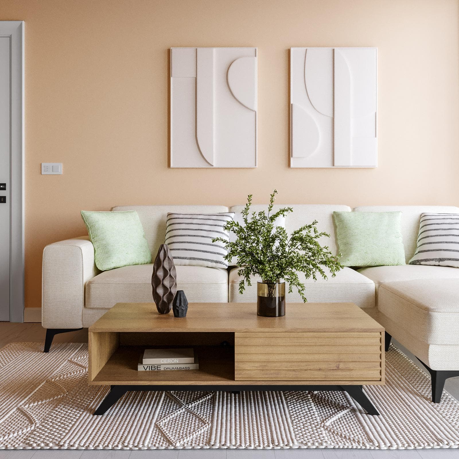 Tavolino 120x60 cm in legno rovere horizon con ante reversibili cannettate - Unity