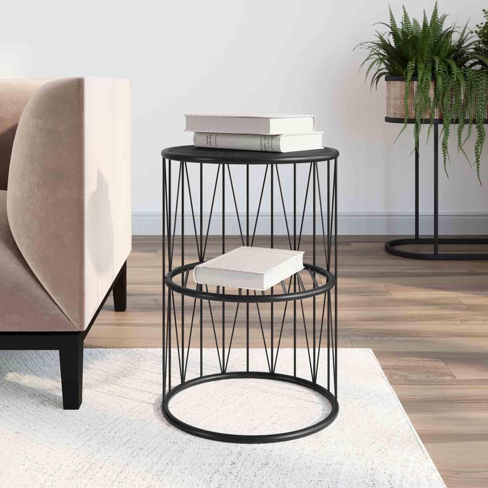 Tavolino rotondo 35 cm top in legno e struttura in acciao nero con ripiano - Lou