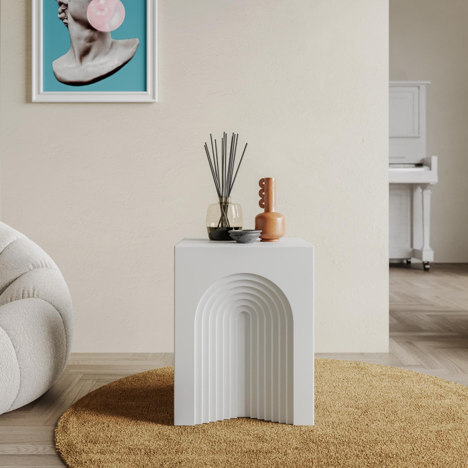 Tavolino 35x35 cm in legno bianco con struttura ad arco intagliato - Dedim
