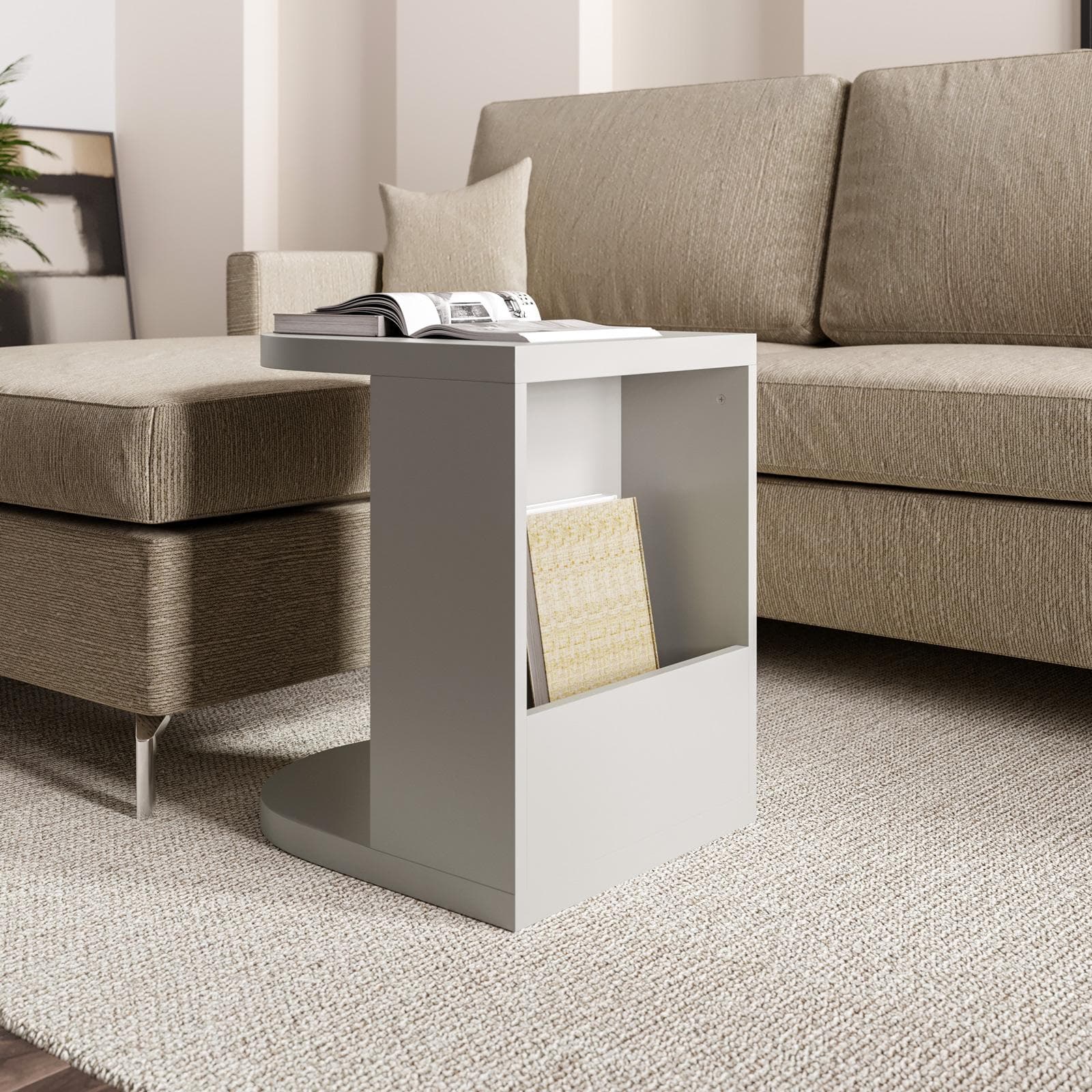 Tavolino 38x45 cm in legno tortora opaco con vano portaoggetti - Dramu