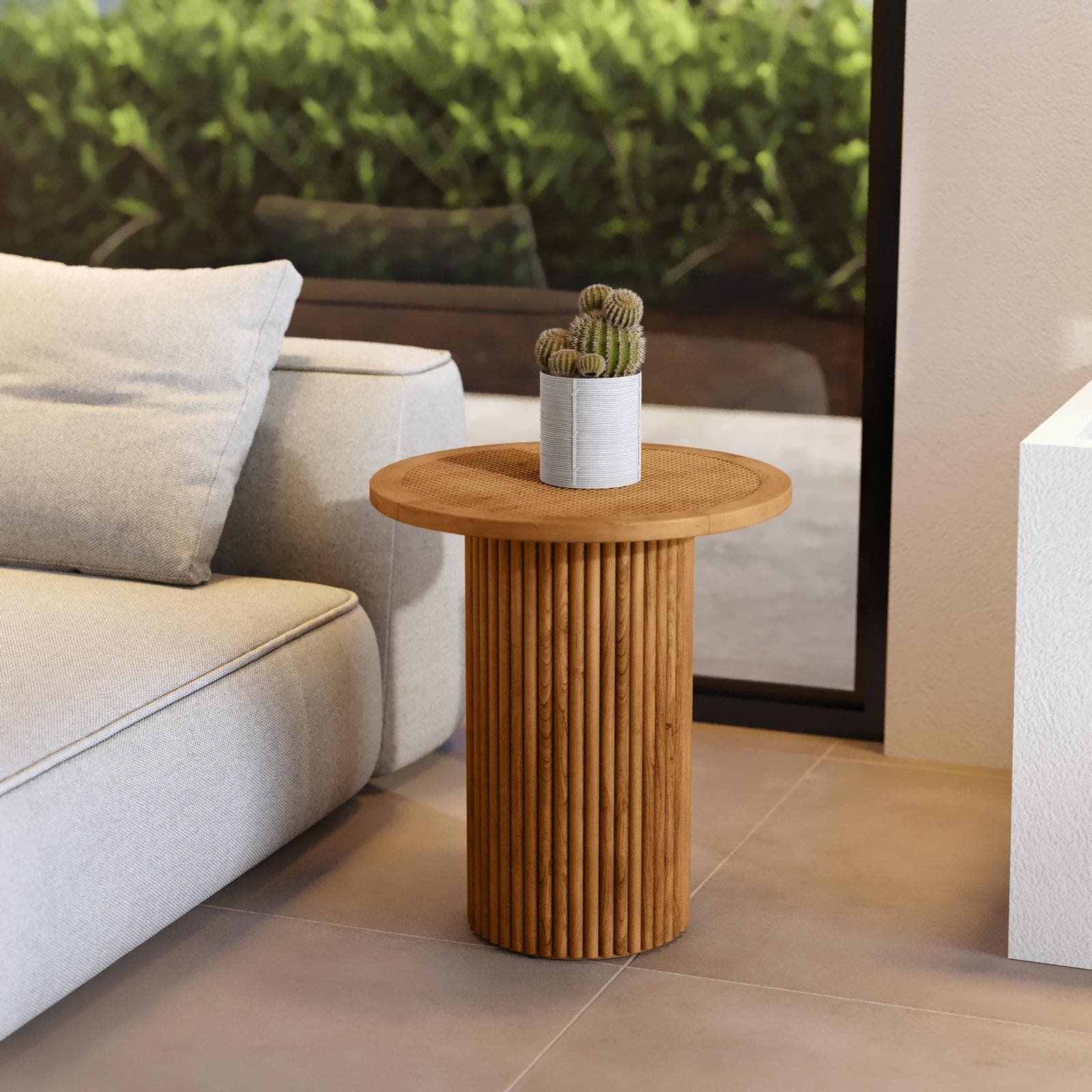 Tavolino rotondo 40 cm con top in rattan e base in legno naturale cannettato - Khalid