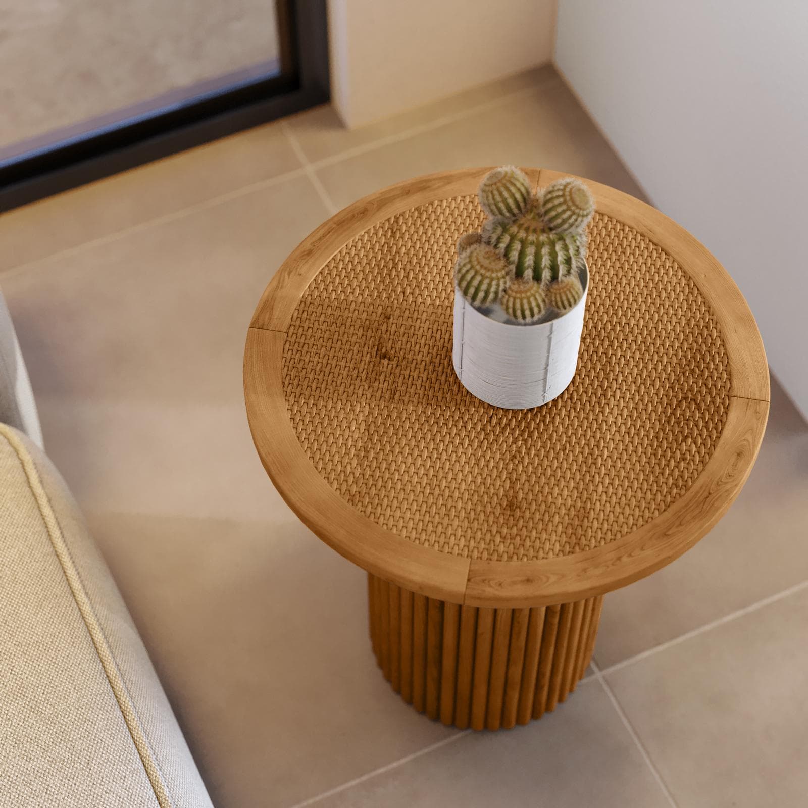 Tavolino rotondo 40 cm con top in rattan e base in legno naturale cannettato - Khalid