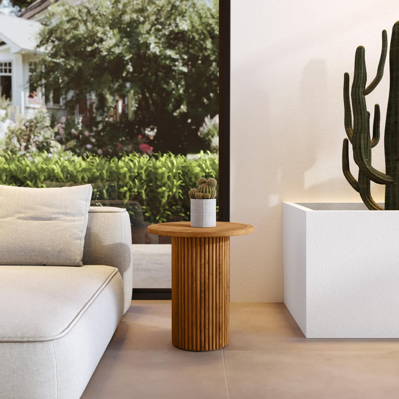 Tavolino rotondo 40 cm con top in rattan e base in legno naturale cannettato - Khalid