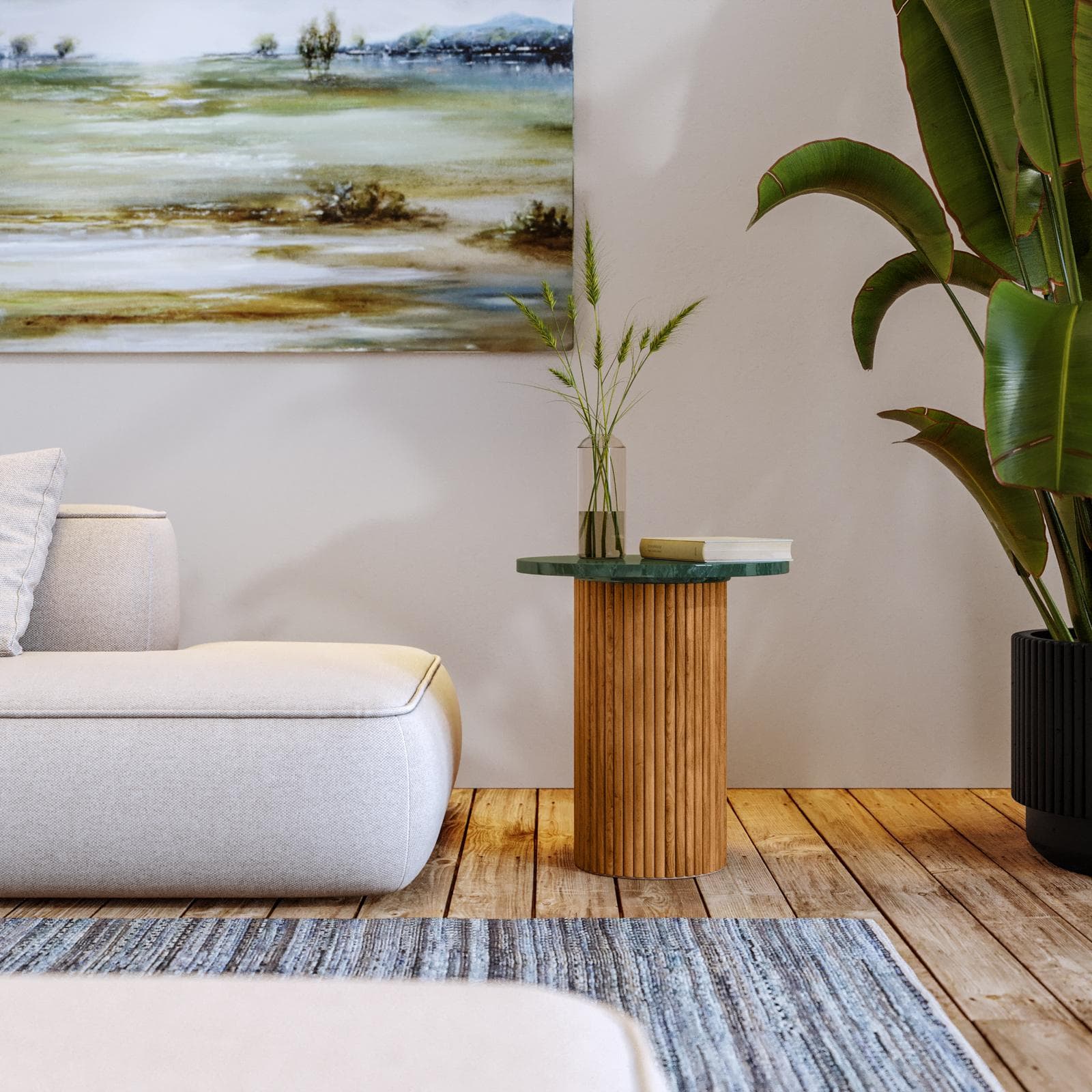 Tavolino rotondo 40 cm con top in marmo verde e base in legno naturale cannettato - Khalid