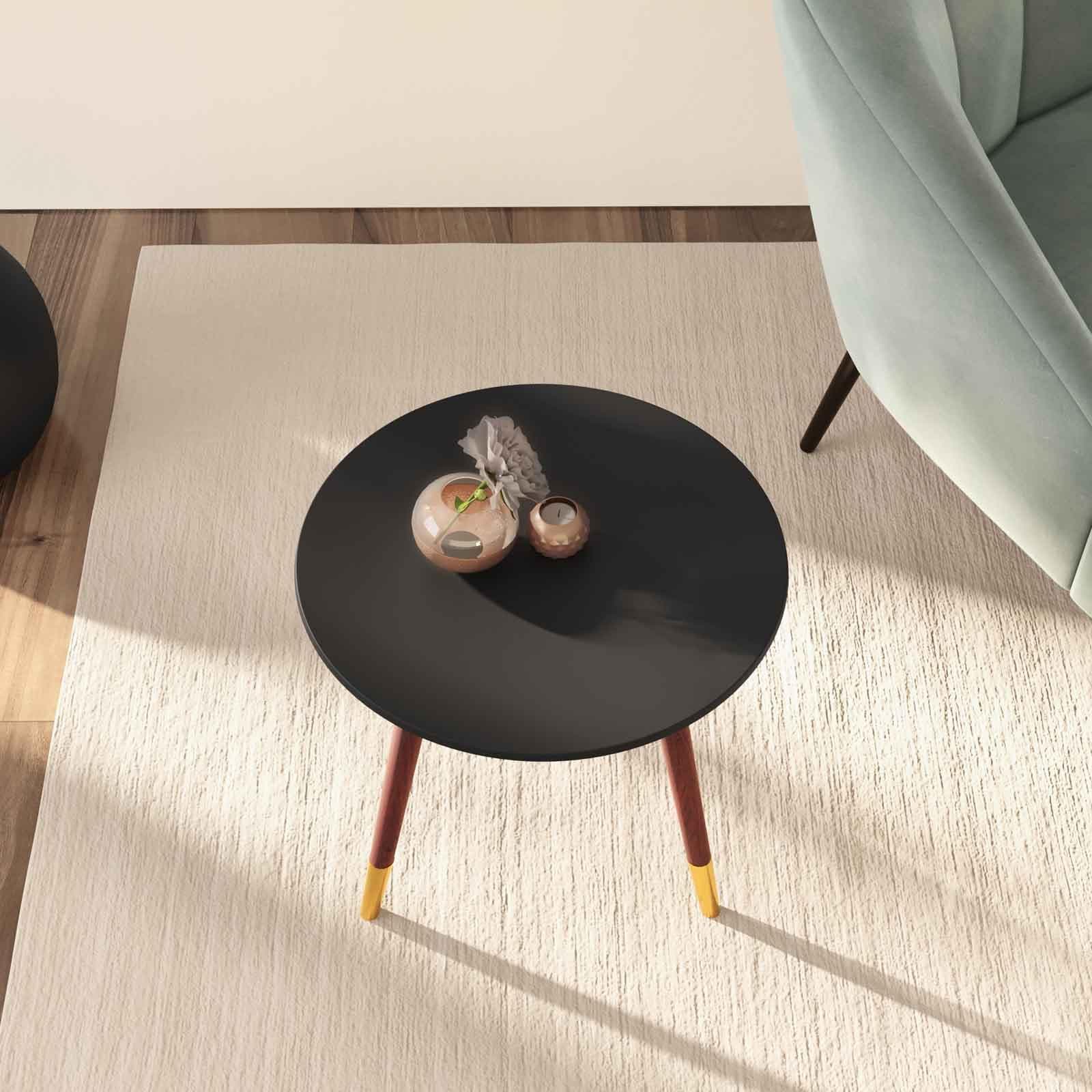 Tavolino rotondo 40 cm in legno di pino marrone e dettaglio oro - Eddie