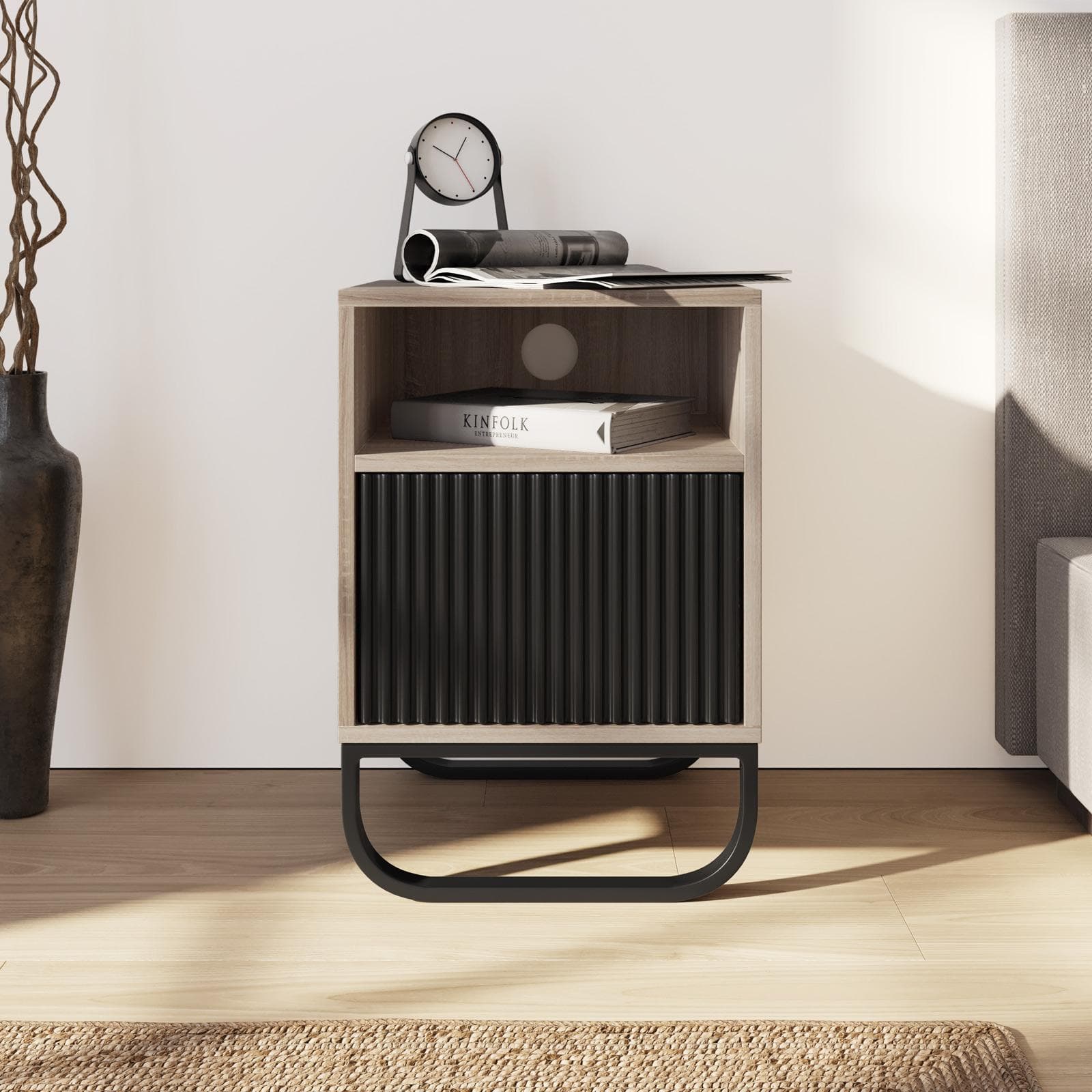 Comodino 40 cm in legno cannettato rovere e nero - Sven