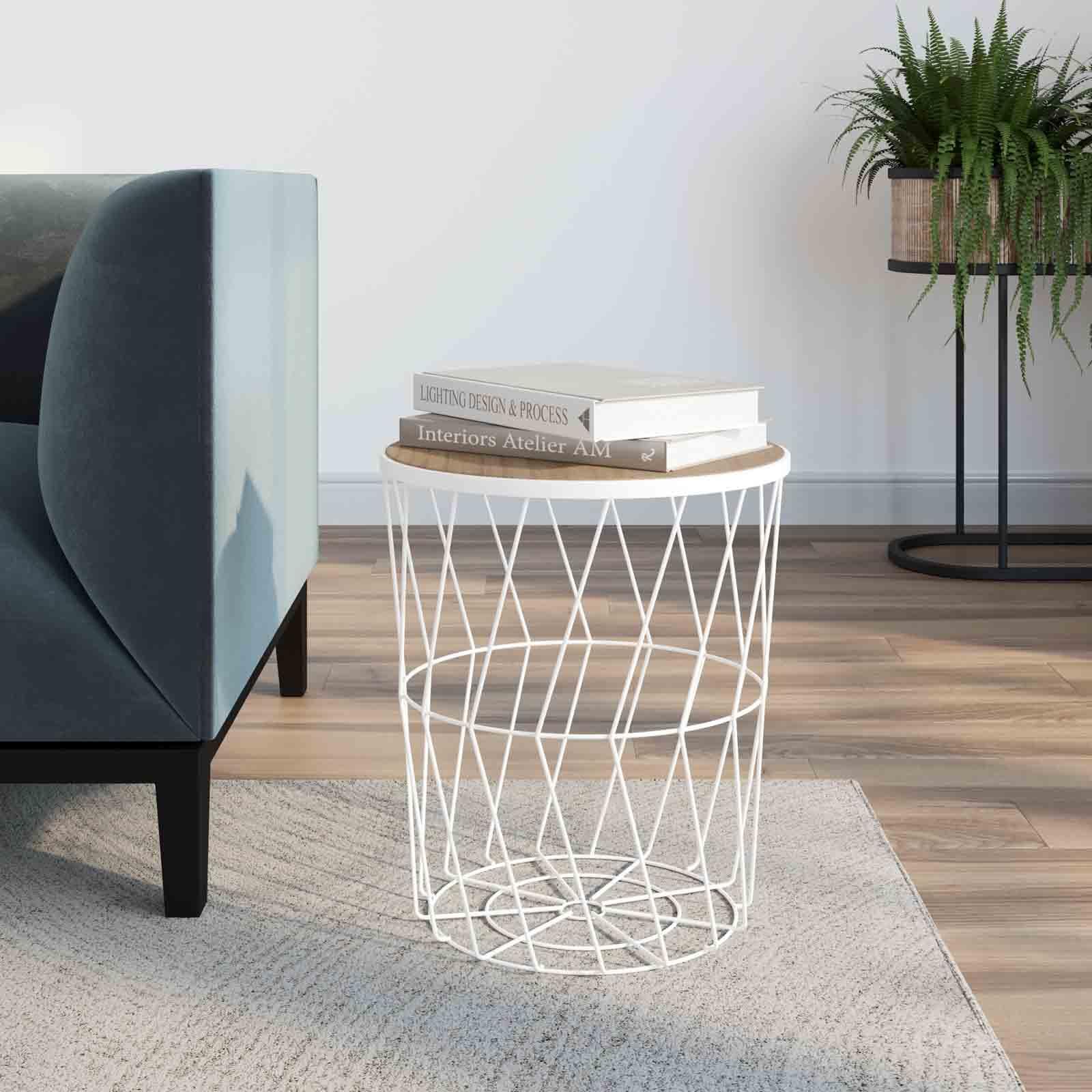 Tavolino 38 cm in acciaio verniciato bianco con piano removibile legno chiaro - Gaudì