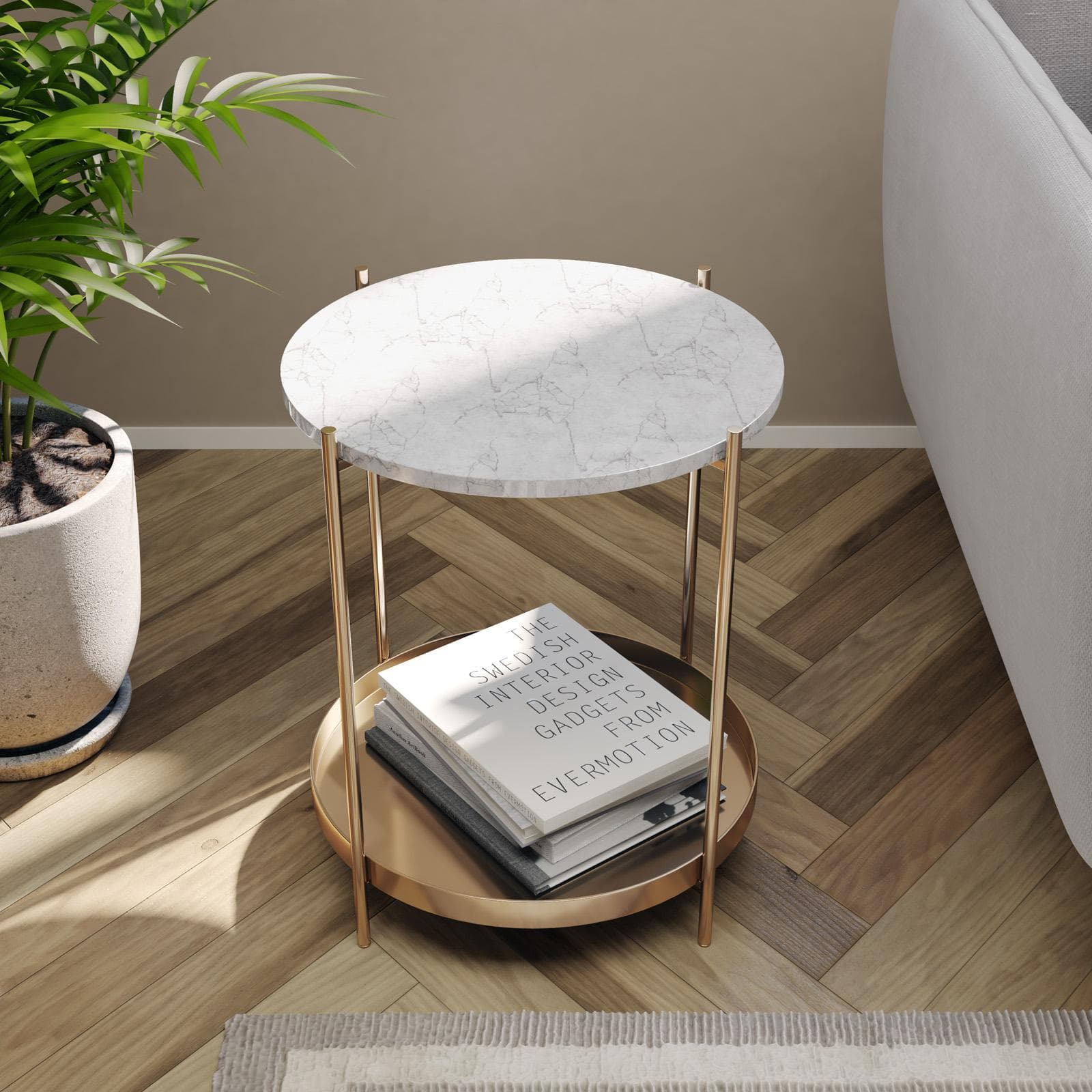 Tavolino rotondo 45 cm top effetto marmo e gambe in metallo oro - Richmond