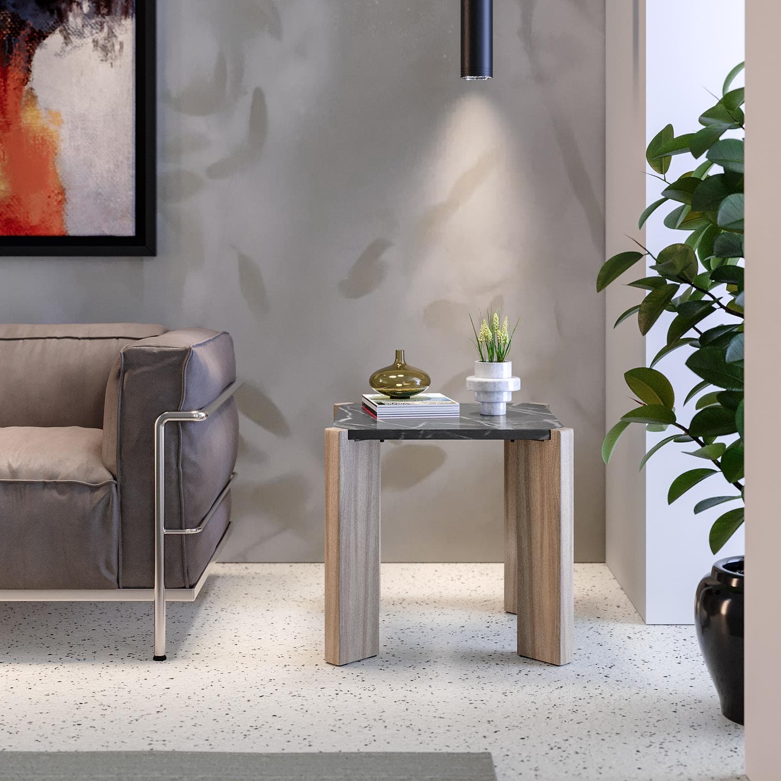 Tavolino 45x45 cm con top in marmo grigio e gambe in legno - Yeats