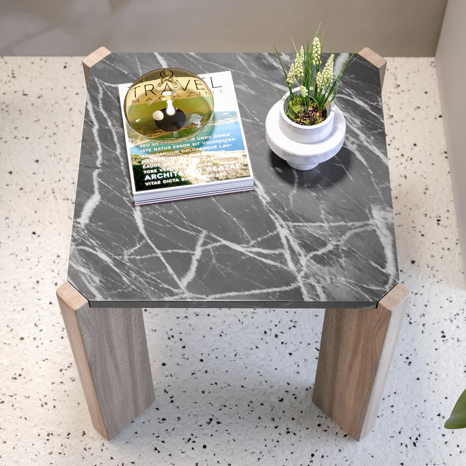 Tavolino 45x45 cm con top in marmo grigio e gambe in legno - Yeats