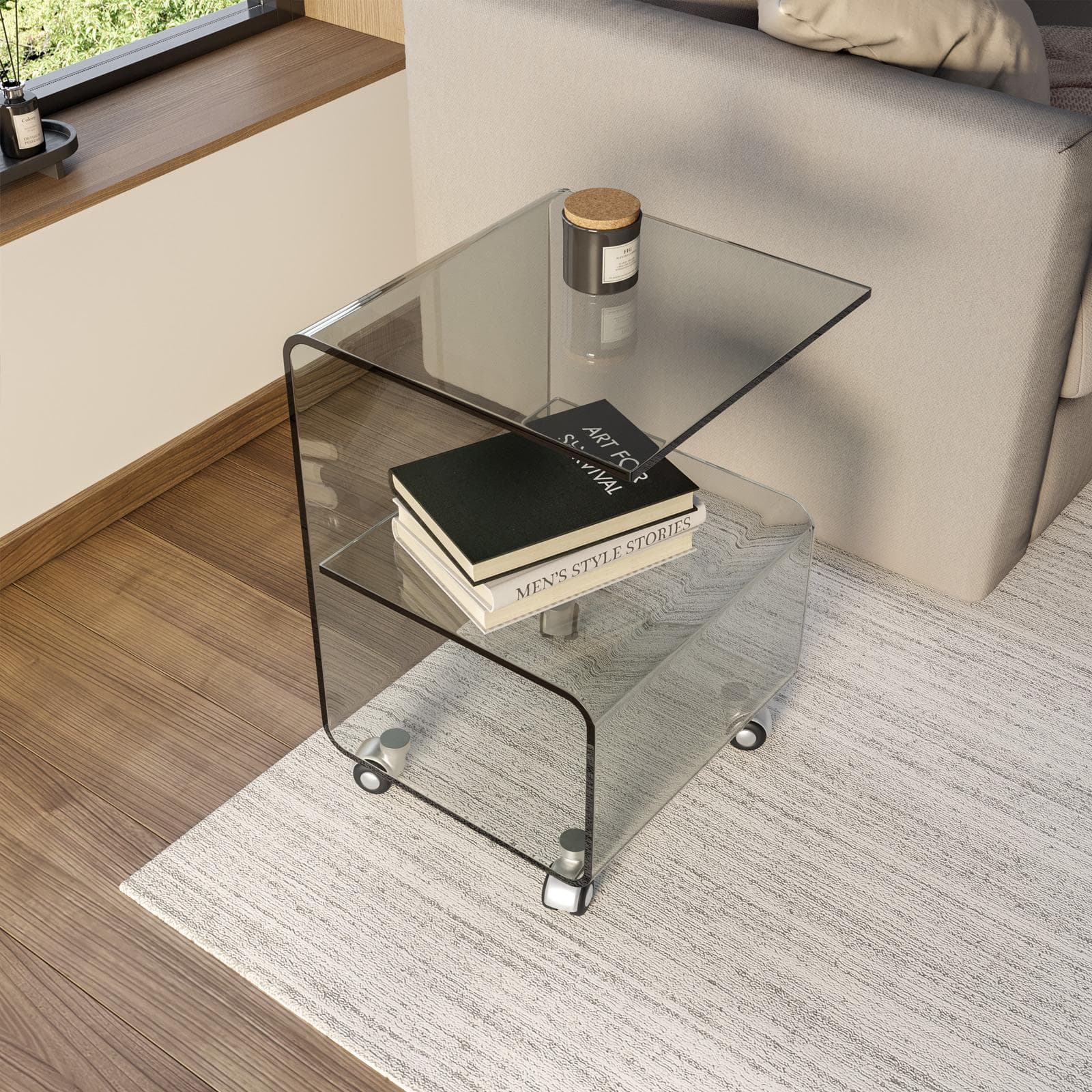 Tavolino 40x40 cm in vetro temperato sagomato con ripiano e ruote - City