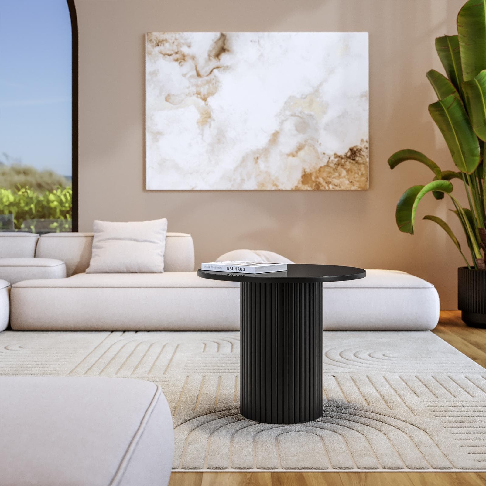 Tavolino rotondo 60 cm con top in marmo nero e base in legno nero cannettato - Felipe