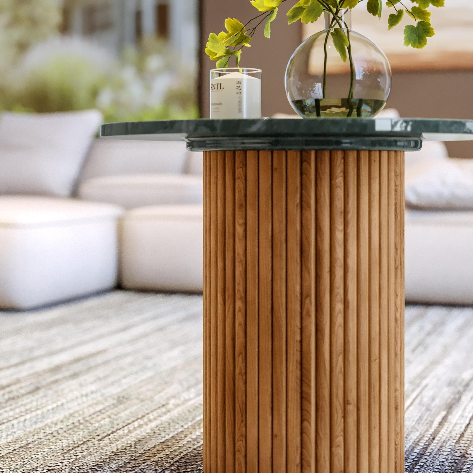 Tavolino rotondo 60 cm con top in marmo verde e base in legno naturale cannettato - Khalid