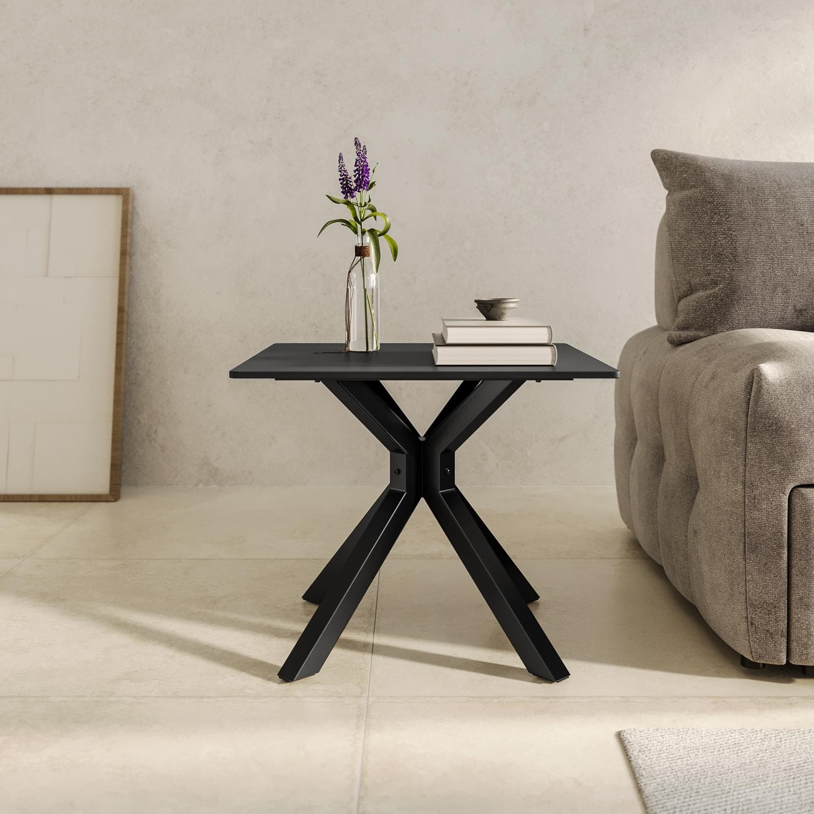Tavolino 60x60 cm con top in ceramica nero opaco con gambe in metallo nero - Vitus