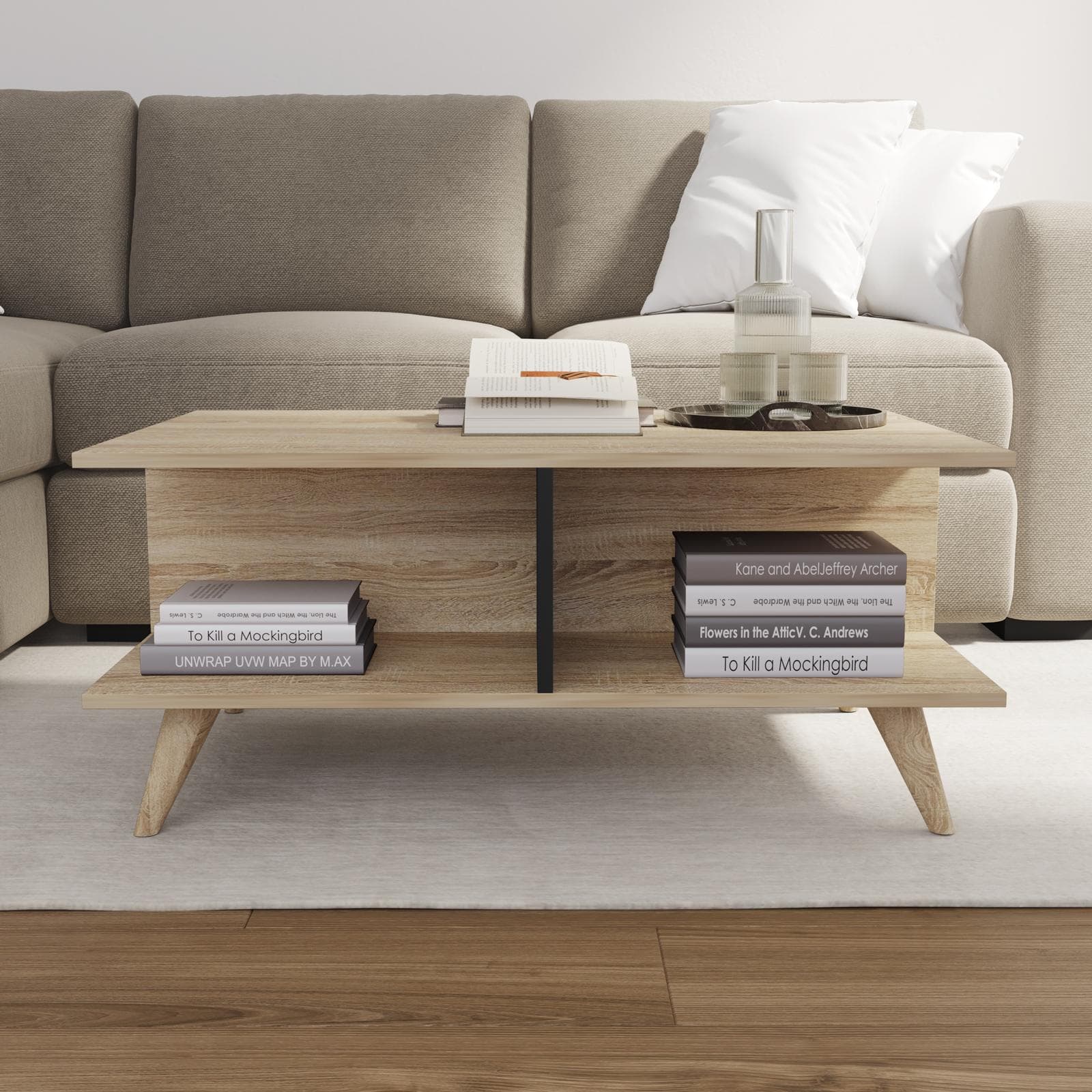 Tavolino 90x60 cm in effetto rovere e nero con scomparti portaoggetti - Cortery