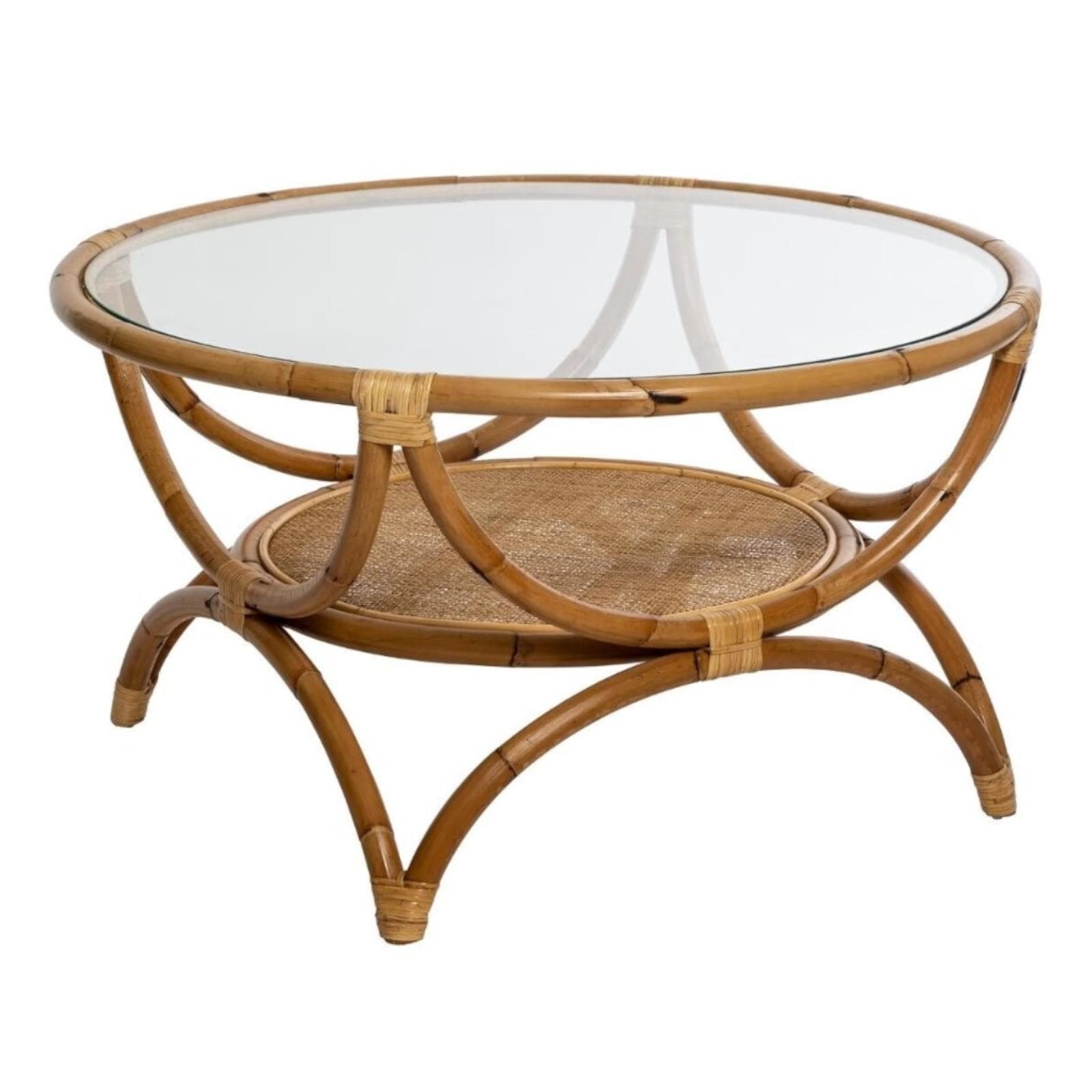 Tavolino rotondo 91 cm in legno rattan e piano in vetro temperato - Zena