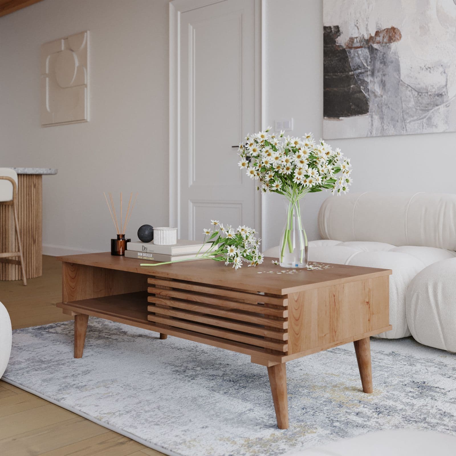 Tavolino basso 118x40h cm in legno di acacia cannettato - Karan